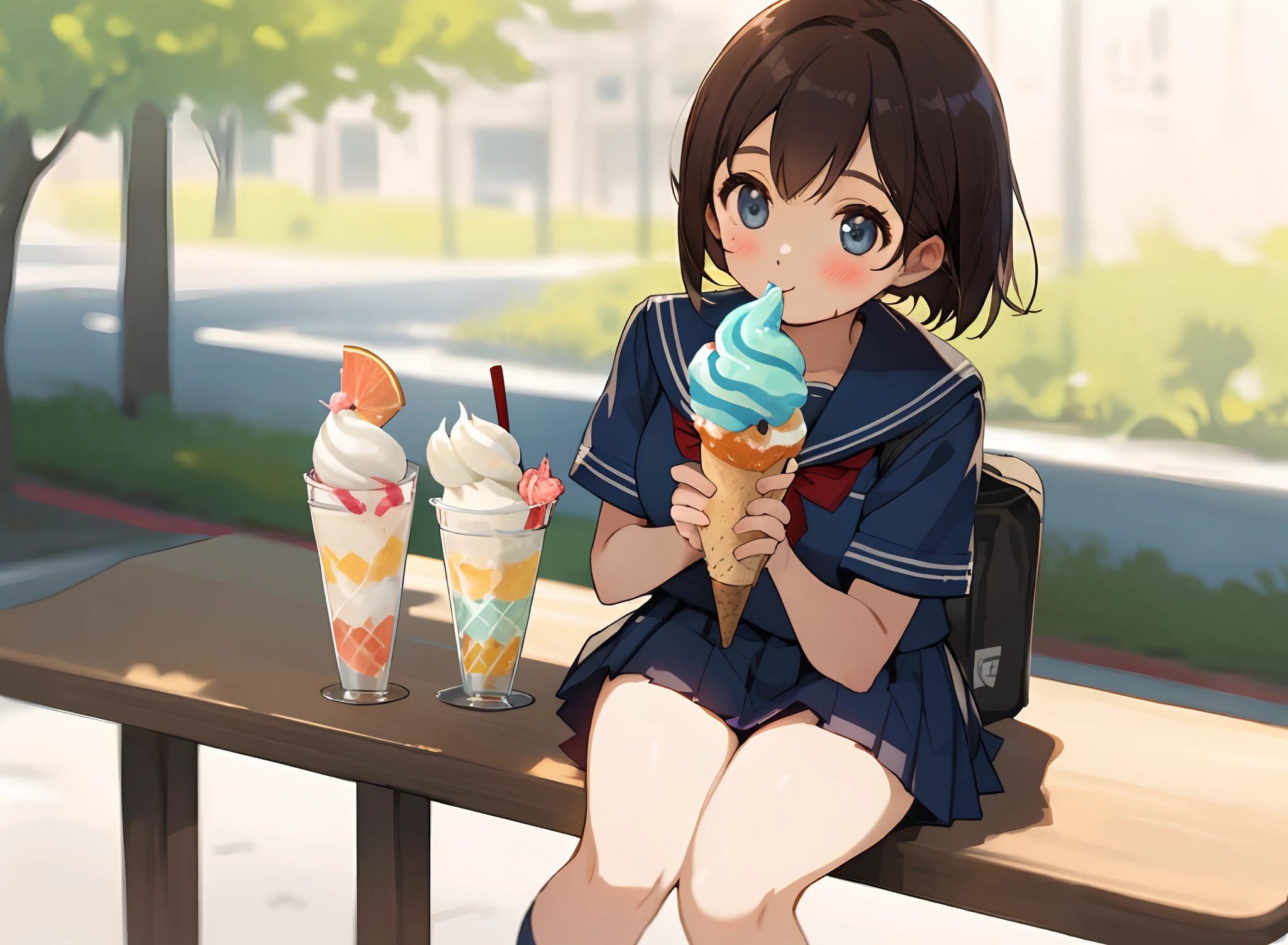 School girl in short skirt eating icecream