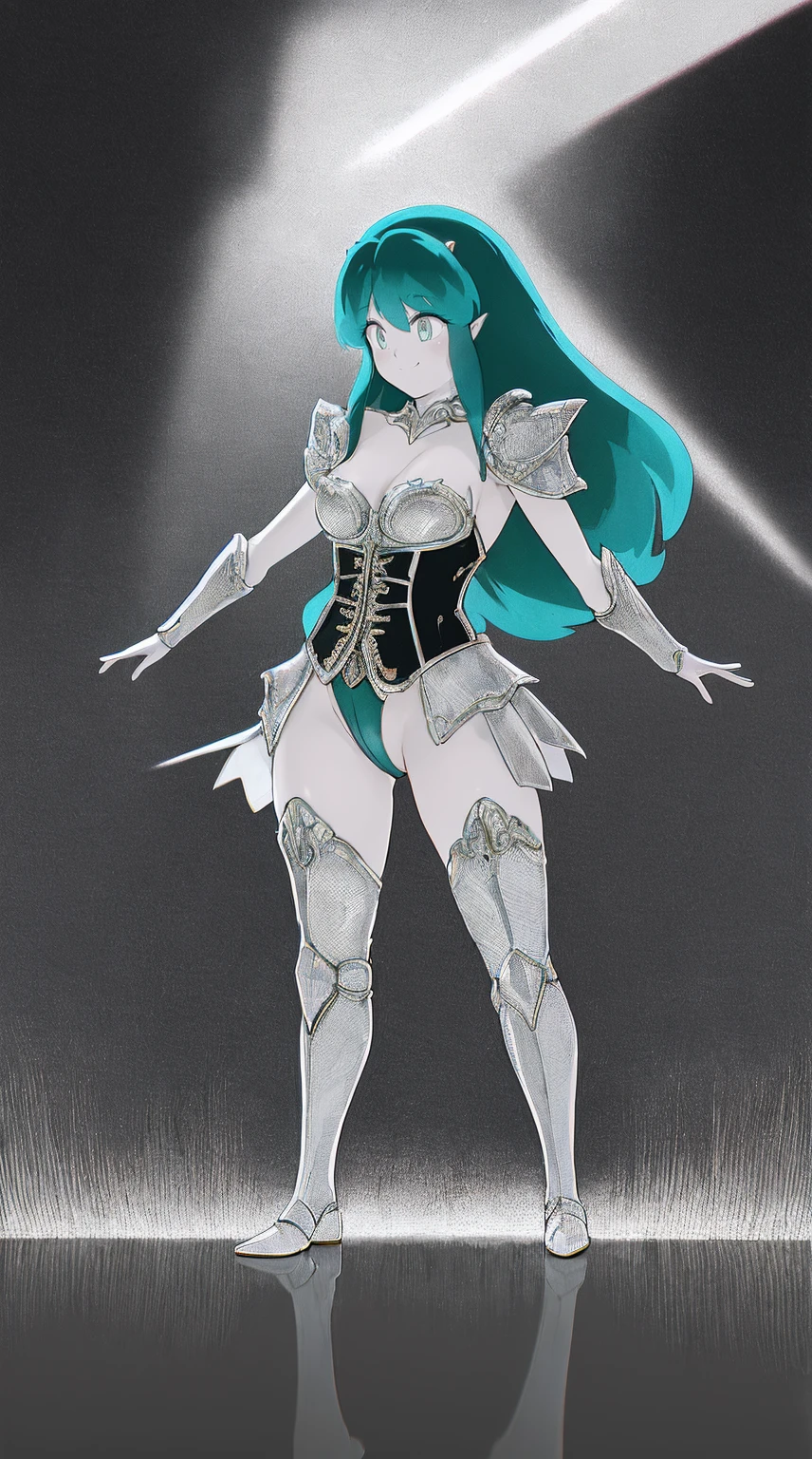 masterpiece, best quality,medieval armor, corset, breastplate,lum, , urusei yatsura,pulllover,Romanticism, Gothic art, anime, Renaissance, Conceptual art, chiaroscuro, depth of field, cinematic lighting, motion blur, chromatic aberration, sparkle, glowing light, god rays, ray tracing, reflection light, backlighting, blending, bloom, chromatic aberration abuse, dithering, drop shadow, film grain, Fujicolor, halftone, image fill, motion lines, multiple monochrome, optical illusion, anaglyph, stereogram, scanlines, silhouette, speed lines, vignetting, UHD, retina, masterpiece, ccurate, anatomically correct, textured skin, super detail, high details, high quality, award winning, best quality, highres, 1080P, HD, 4K, full body, standing,smile