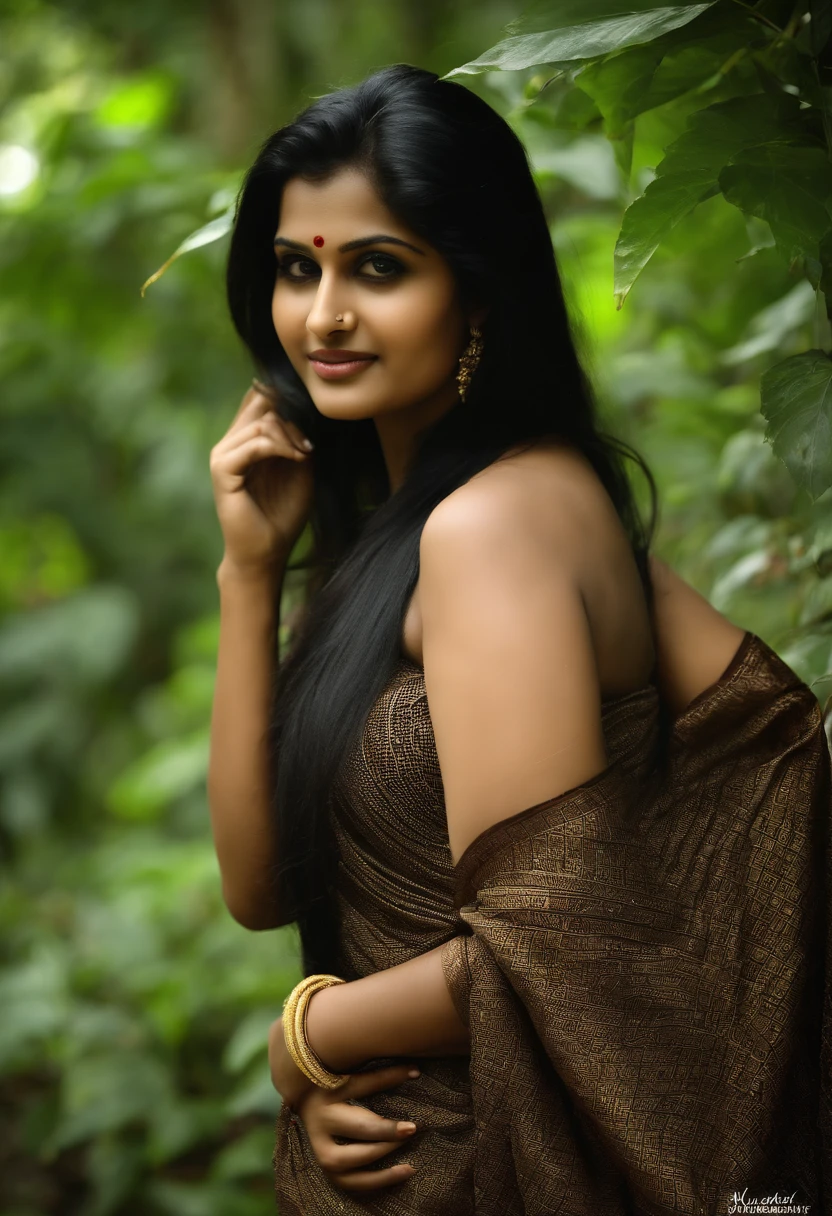 Kerala girl with black long hair with naked one side body. In the forest. very big boobs showing half and small leaf like navel with big ass. Very beautiful full size image. Wearing black saree in sexy hot look...naked back without blouse showings back side of the body. Transparent saree