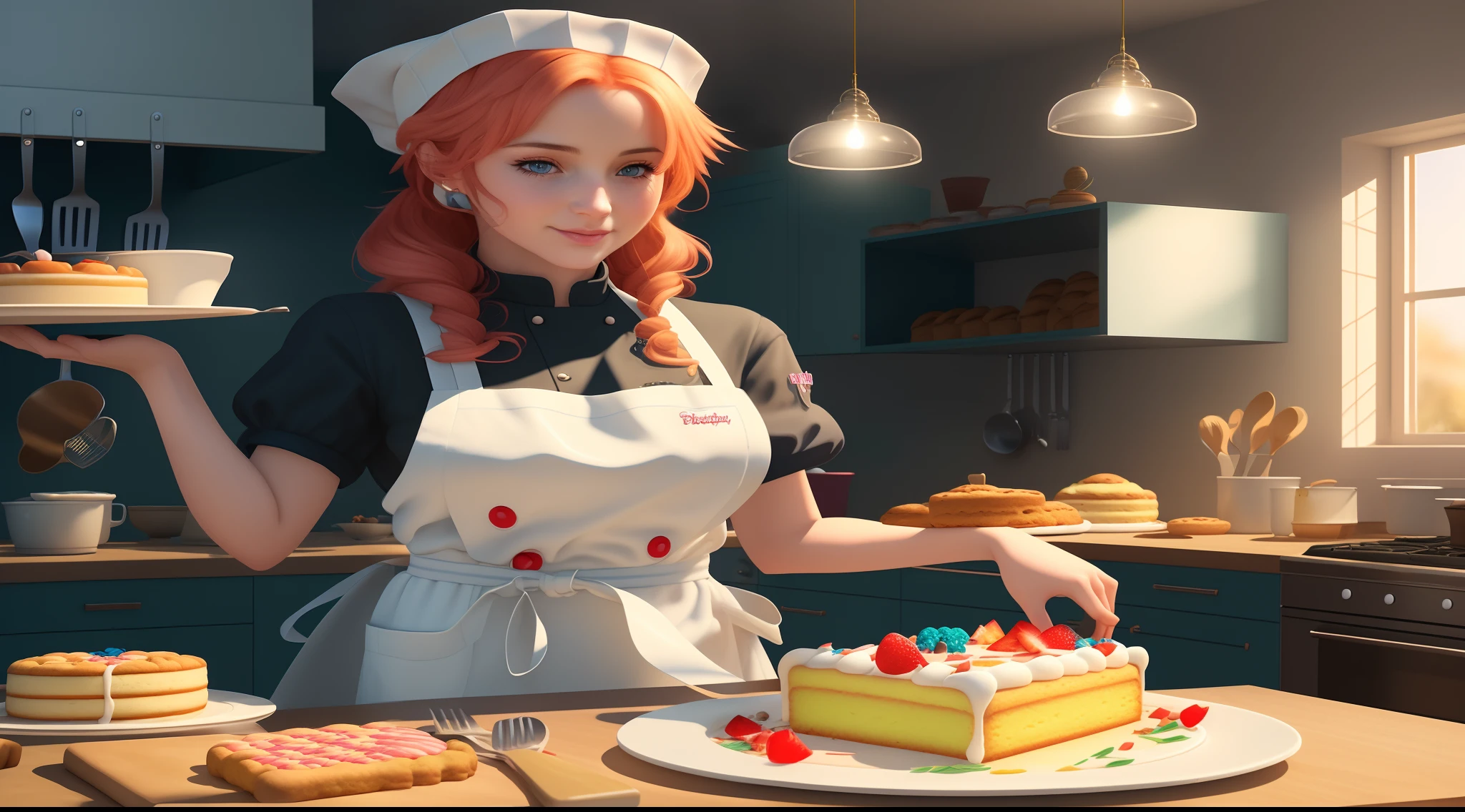 A woman is standing in the kitchen, Holding a plate with a cake, a pastry, Baking a cake, cooking, Fantasy Bakery, stunning digital illustration, Cooking show, Dressed as a pastry chef, beautiful digital artwork, cg artist, realistic art style, in a kitchen, game cg, CG art, 8k high quality detailed art, super realistic food picture, cookies