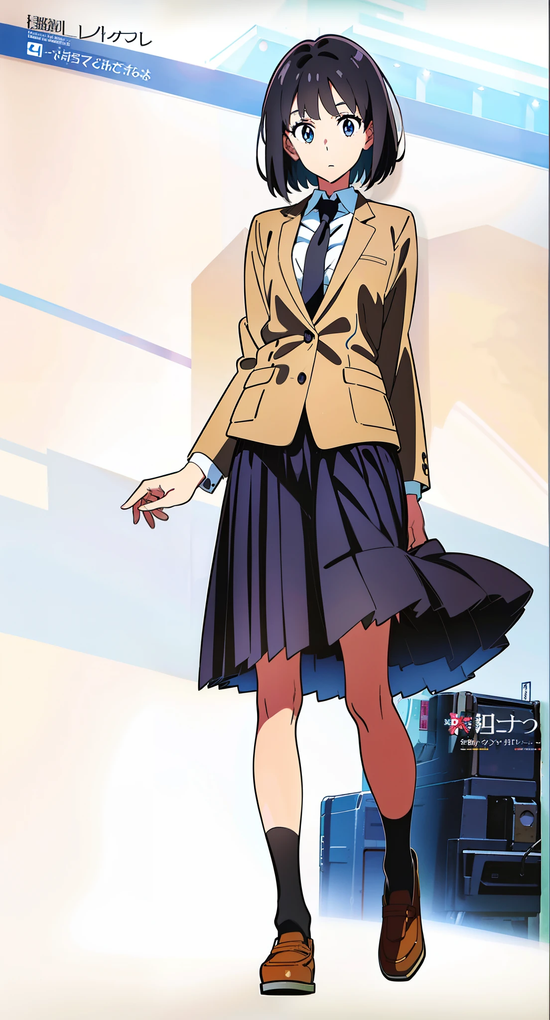 (black skirt:1.25), (anime:1.5), (official art:1.5), (white background:1.0), (best quality:2.0), (masterpiece:1.0), (full body:1.0), (solo:1.0), (a 18yo cute girl:1.2), (long skirt:1.0), (dark blue skirt:1.0), (pleated skirt:1.0), (school uniform beige blazer:1.0), (dark blue necktie:1.0), (black socks:1.0), (loafers:1.0), (ideal ratio body proportions:1.5), (lanky:1.5), (tall:1.5), (slender:1.5), (small breasts:1.5), (smaller face:1.5), (tareme:1.2), (detailed beautiful eyes:1.1), (detailed beautiful face:1.1), (glowing black eyes:1.0), (bob cut hair:1.0), (black hair:1.0)