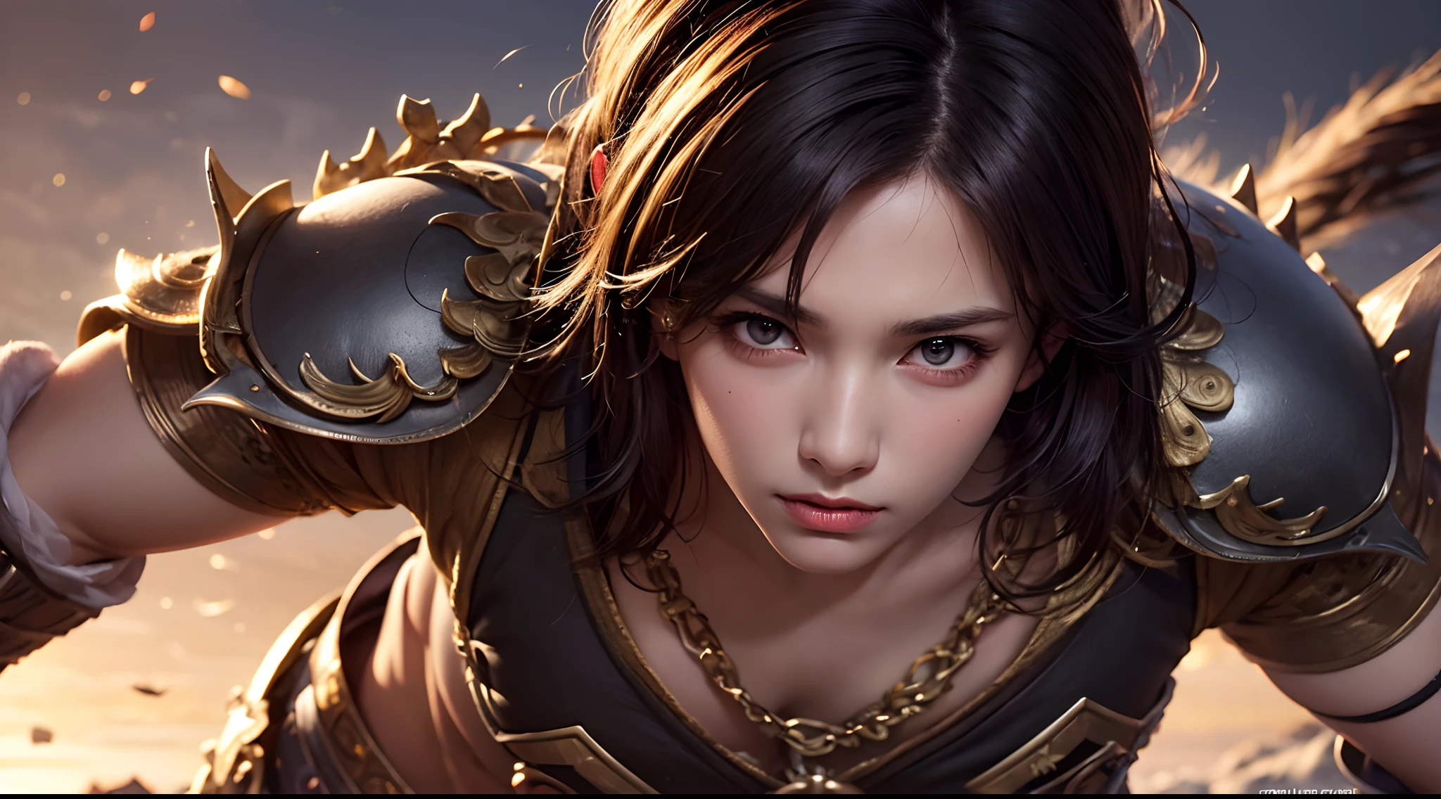 (16k, masterpiece, best quality), ultra-detailed, detailed beautiful round eyes, beautifully detailed face, high quality, high resolution, perfect anatomy, a male warrior, in the village, short hair, hero, village background, looking into the distance, action pose