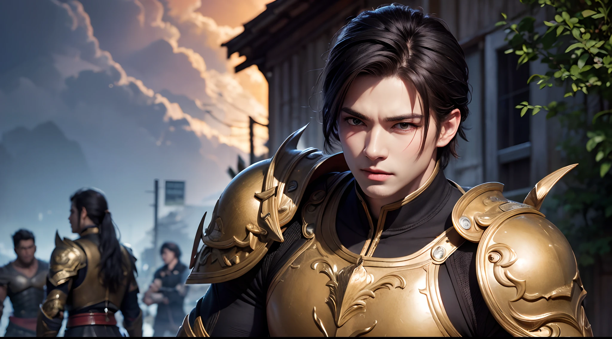 (16k, masterpiece, best quality), ultra-detailed, detailed beautiful round eyes, beautifully detailed face, high quality, high resolution, perfect anatomy, a male warrior, in the village, short hair, hero, village background, looking into the distance, action pose