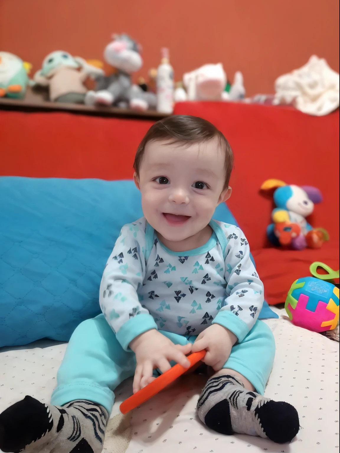 There is a sitting on a bed with a toy, Henrique , ao fundo brinquedis na parede, he is very happy, happily smiling at the camera, doce e inocente, fotografia, playful grin, sorrindo brincando, sorrisinho, imagem interna, de Mikaela, imagem de qualidade muito alta