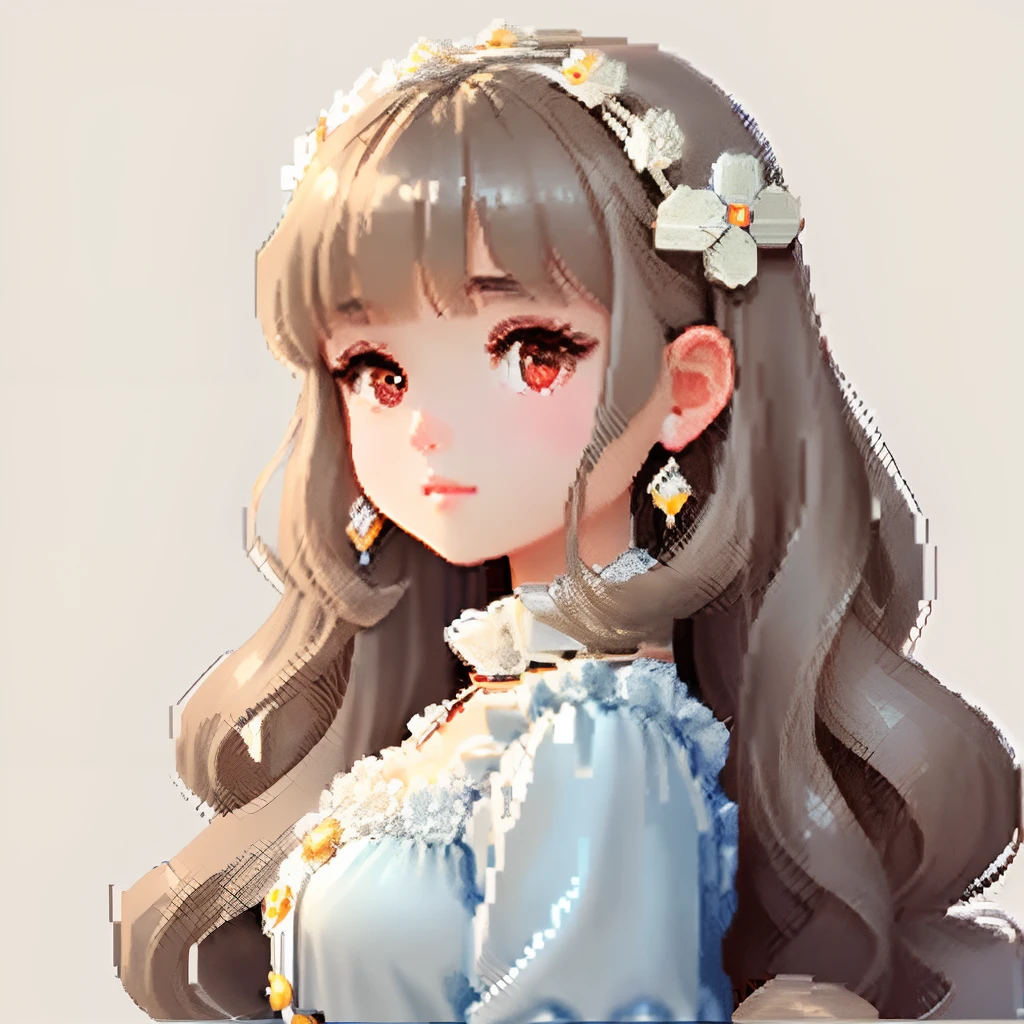 I was wearing an antique dress,large earring、Clothing consisting of pale blue color, Brown and beige、Girl with dull grey long S-shaped curls、chocolate hair,、Blunt bangs、Look back and look at this.、Pixel art、Pixel Art Illustration、pixels、Plain background、Upper body、For icons、pixels_Art Book,Composition centered on the face、Katyusha、pixels、Game-style illustration、Pixel art、pixels、without background、The background is one color beige、pixels、Big hair ornament、graceful dress、Loose fluffy、White background、、simple background、A girl about 16 years old、Beautiful eyes like jewels、pixels、pixels、pixels、Pixel art