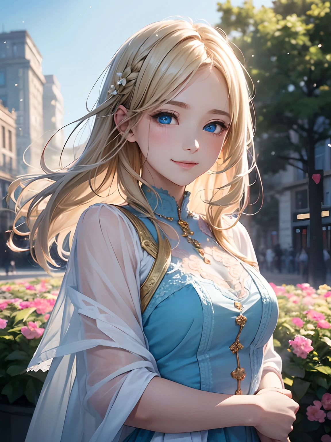 exquisitedetails, Highest quality 8K resolution, Ultra-detailed, Realistic, Vibrant colors, Soft tones, With warm and gentle lighting,(Smooth straight blonde hair:1.2),(Hair parted in the middle:1.2),(Glowing hair),(Deep Blue Eyes:1.3),Garden Girl,Smiling with tears in her eyes,With an overflowing soft and gentle feeling, Multiple Corner Turns,Visible emotions and specific emotions, I want to believe, Use illustrations,Long-haired beautiful girl fluttering in the wind,The promenade is full of flowers, Create colorful reflections.The sun's rays illuminate joy and pure love, Cast a warm golden glow on the girl's face. Their love is like a blessing from God, Free yourself from the hassles of this world. The atmosphere is full of happiness and laughter, It's like heaven、As if celebrating love. The artwork is、Create a combination of digital illustrations and photos, Sticking to ultra-detailed depictions and vivid colors. In a style that blends romanticism and realism、You can feel the depth of love. The color palette consists of soft pastel tones, Create an ethereal atmosphere like a dream. and the lighting is soft and diffused, Shine a gentle light on your face,、The warmth of the hug increases. The artwork is a masterpiece, Meticulously crafted to capture the essence of an unbreakable bond.