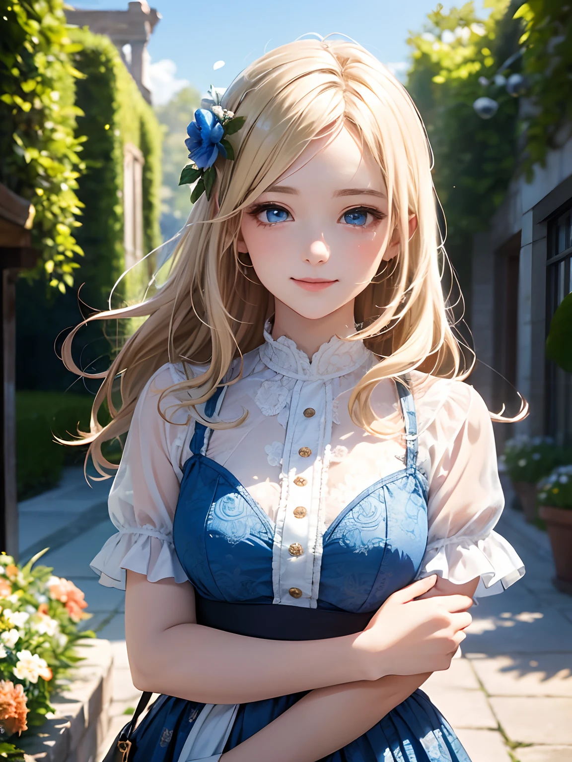 exquisitedetails, Highest quality 8K resolution, Ultra-detailed, Realistic, Vibrant colors, Soft tones, With warm and gentle lighting,(Smooth straight blonde hair:1.2),(Hair parted in the middle:1.2),(Glowing hair),(Deep Blue Eyes:1.3),Garden Girl,Smiling with tears in her eyes,With an overflowing soft and gentle feeling, Multiple Corner Turns,Visible emotions and specific emotions, I want to believe, Use illustrations,Long-haired beautiful girl fluttering in the wind,The promenade is full of flowers, Create colorful reflections.The sun's rays illuminate joy and pure love, Cast a warm golden glow on the girl's face. Their love is like a blessing from God, Free yourself from the hassles of this world. The atmosphere is full of happiness and laughter, It's like heaven、As if celebrating love. The artwork is、Create a combination of digital illustrations and photos, Sticking to ultra-detailed depictions and vivid colors. In a style that blends romanticism and realism、You can feel the depth of love. The color palette consists of soft pastel tones, Create an ethereal atmosphere like a dream. and the lighting is soft and diffused, Shine a gentle light on your face,、The warmth of the hug increases. The artwork is a masterpiece, Meticulously crafted to capture the essence of an unbreakable bond.