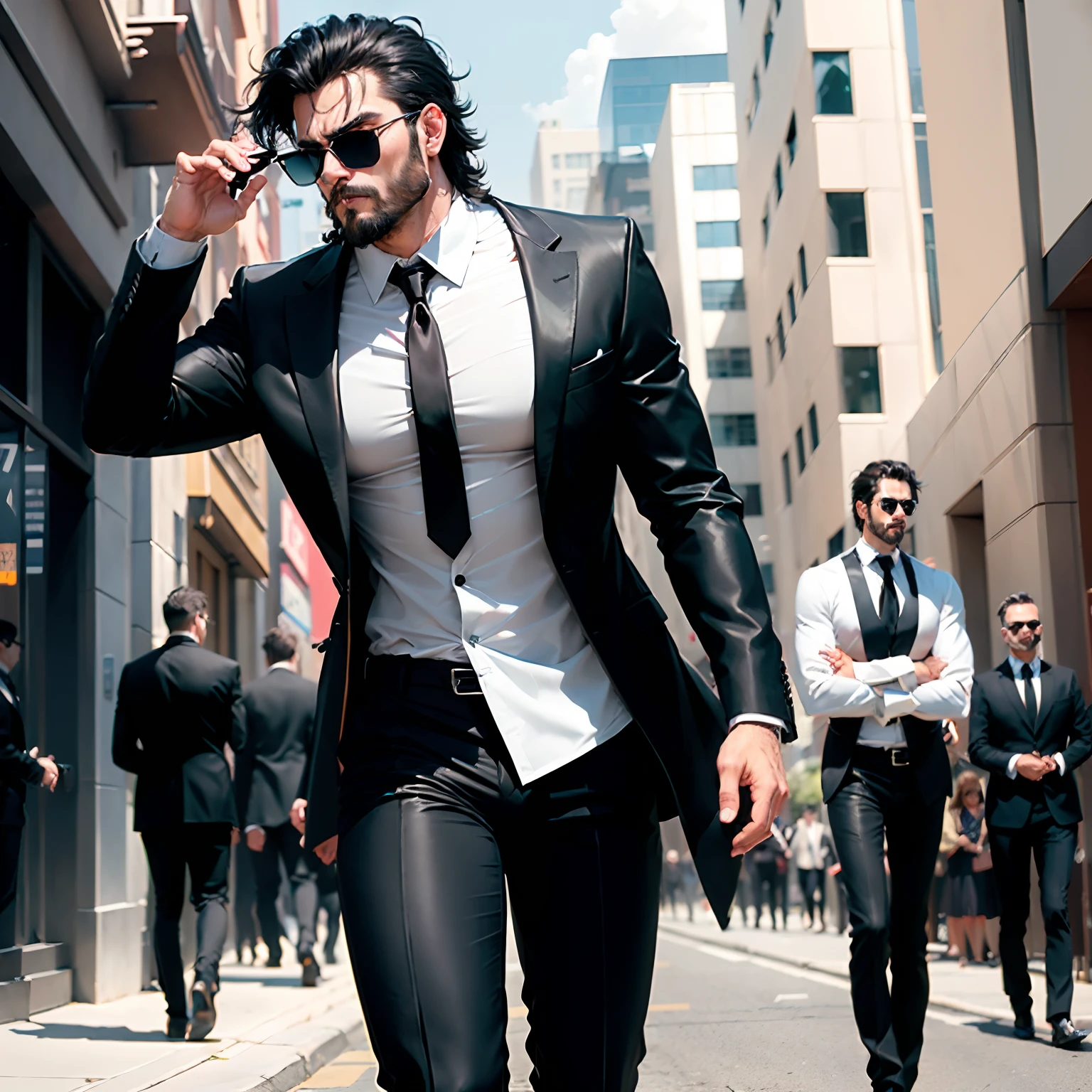 (best quality, masterpiece:1.2), ultra-detailed, detailed face, realistic, simple background, FRED barbarian man with black hair, messy hair, slight beard, ferocious expression, strong build, intense gaze, veins bulging on his neck, cinematic composition, blurred background to create depth, BREAK (formal suit (long sleeves black jacket), (white collared shirt), (black necktie), (black pants:1.3), (shirt tucked in):1.5), ((Sunglasses:1.3)), BREAK (low angle), (full body), walking down a crowded street, dynamic pose