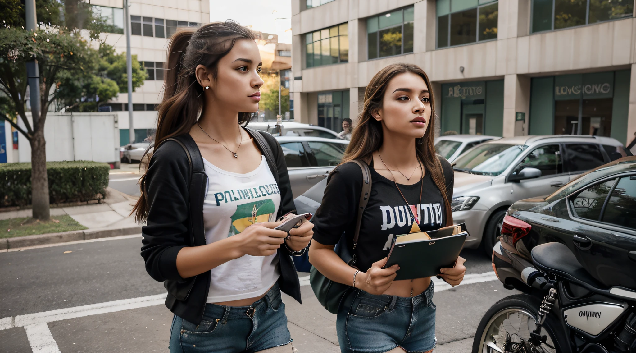Generate an image of a Brazilian student strolling confidently through a busy university campus. she is tall and slender, com curta marcante, cabelo loiro platinado, who exudes a rebellious spirit;. Her captivating light brown eyes reveal determination and curiosity.
She's dressed in a loose, blusa verde, uma cor que complementa seu comportamento sem rodeios. Nas costas dela, ela carrega um colorido, mochila inspirada no punk-rock, reflecting his unique style. Enquanto ela caminha, She carries a stack of graphite-covered books in one hand, showcasing your passion for literature, And she holds a modern set of wireless earbuds around her neck.
This distinguished student embodies the spirit of a particular student., Book-loving punk on his academic journey, Navigating with confidence in the lively atmosphere of the university campus.