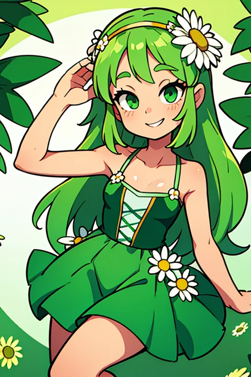 teens girl,Green gradient hair,fairy,Wear a garland on your head,Daisies,ssmile