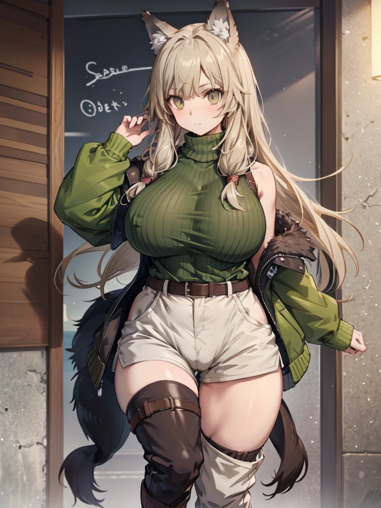 knitted sweater、Sleeveless、turtle neck、Green clothes、Brown Long Hair、Wolf Girl、Colossal tits、thick thighs、shortpants、knee sox、garterbelts、long boots、venusbody,big butts,Wolf ears、Wolf's tail