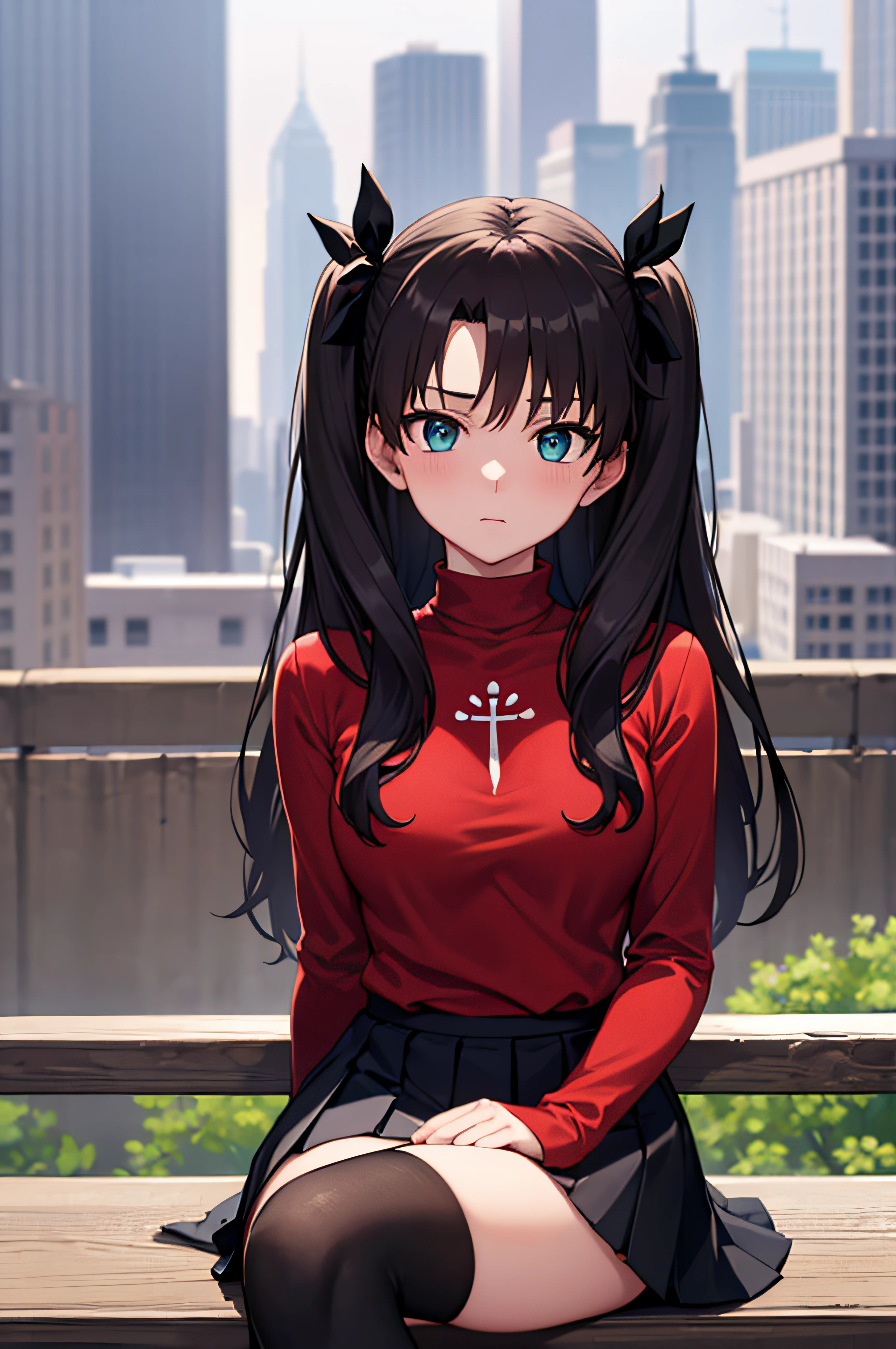 (masterpiece), best quality, expressive eyes, perfect face, 1girl, solo, rintohsaka, rin tohsaka, aqua eyes, black hair, hair ribbon, long hair, ribbon, sidelocks, two side up, black skirt, black thighhighs, long sleeves, miniskirt, pleated skirt, ((red sweater)), skirt, sweater, thighhighs, turtleneck, city background, sitting, character sheet, upper body, portrait, looking at viewer