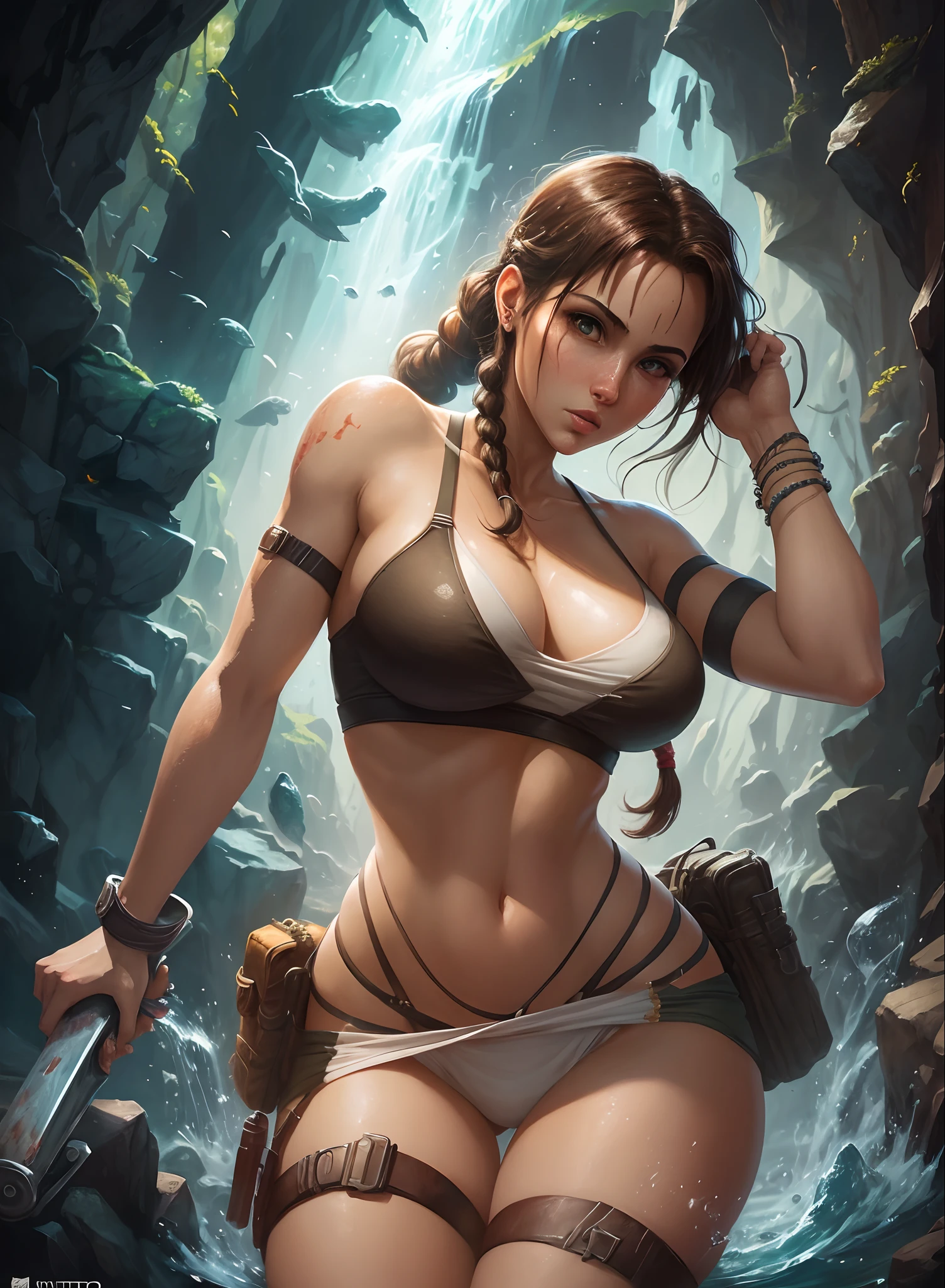 Lara Croft, ((fondo blanco)), ojos penetrantes, epic instagram, artstation, estilo splash de pintura colorida, contorno, hiperdetallado intrincadamente detallado, motor irreal, genial, detalle intrincado, colores complementarios, fantasy concept art, 8 k resolution, obra maestra de deviantart, trazos pesados, goteo de pintura, artes de salpicaduras --auto --s2