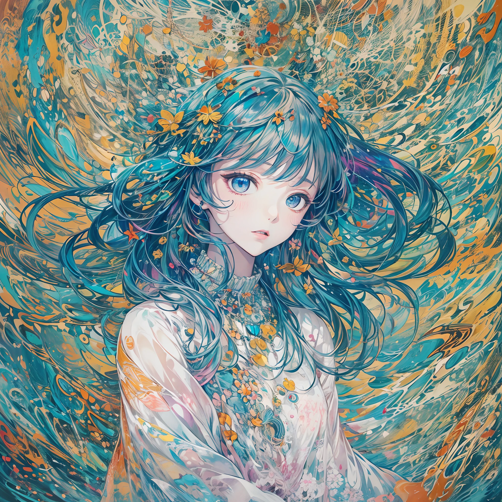 top-quality、masutepiece、1womanl、独奏、20yr old,(abstract art:1.4),(Psychedelia Theme:1.4),(Blue World)、There is a beautiful woman at the center of the world,A ray of light spreads