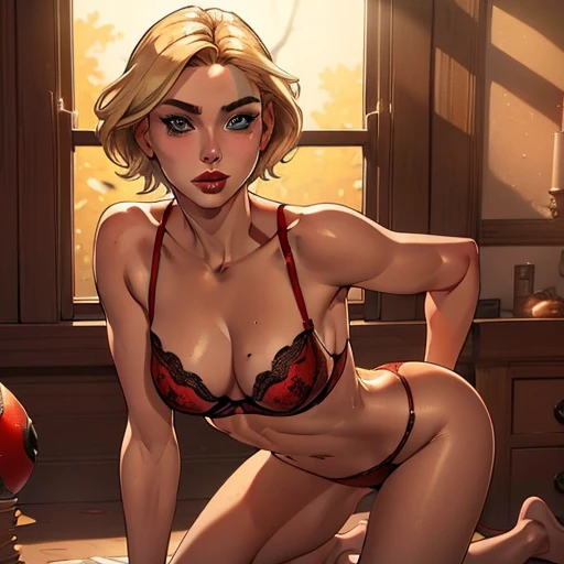 (a woman:blonde hair:blue eyes:red lips:beautiful detailed face,short-hair),((fullbody)),([red lingerie]:sexy:strappy bra:panties),([ladybug]:cute:small:bright red:crawling),([well-defined body]:slender:toned:silhouette),([detailed face]:high cheekbones:graceful nose:full eyebrows),[masterpiece],(best quality:4k:8k:highres:masterpiece:1.2),ultra-detailed, [realistic:photo-realistic:1.37]),[HDR:UHD:studio lighting],[intimate bedroom],(vivid colors:warm tones:rich contrast),[(soft, diffused lighting):(natural, sunlight) streaming through window],(cozy atmosphere:warm textures)
