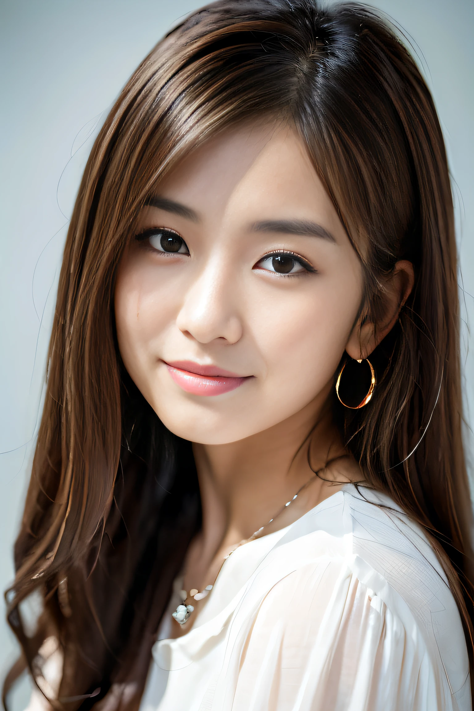 (Best Quality:1.4), (8K), 32K, (UHD), (Masterpiece:1.3), Photo of Japanese pretty woman, (Photorealistic), (Raw Photography), (1girl), (Ultra High Details), (Detailed face), perfect face, (Detailed hair), Beautiful hair, bangs, Layer Cut, (symmetrical eyes:1.3), (Detailed eyes), (Detailed skin), Realistic skin, Ultra high definition, (medium breasts), firm breast, (slim figure), (super model figure), gentle smile, Japanese cute young girl,
(Wearing a high fashion Beautiful shirt with intricate weave), necklaces, earrings, bracelets,
Portrait, white simple background, cowboy_shot:1.3, narrow face:1.3,