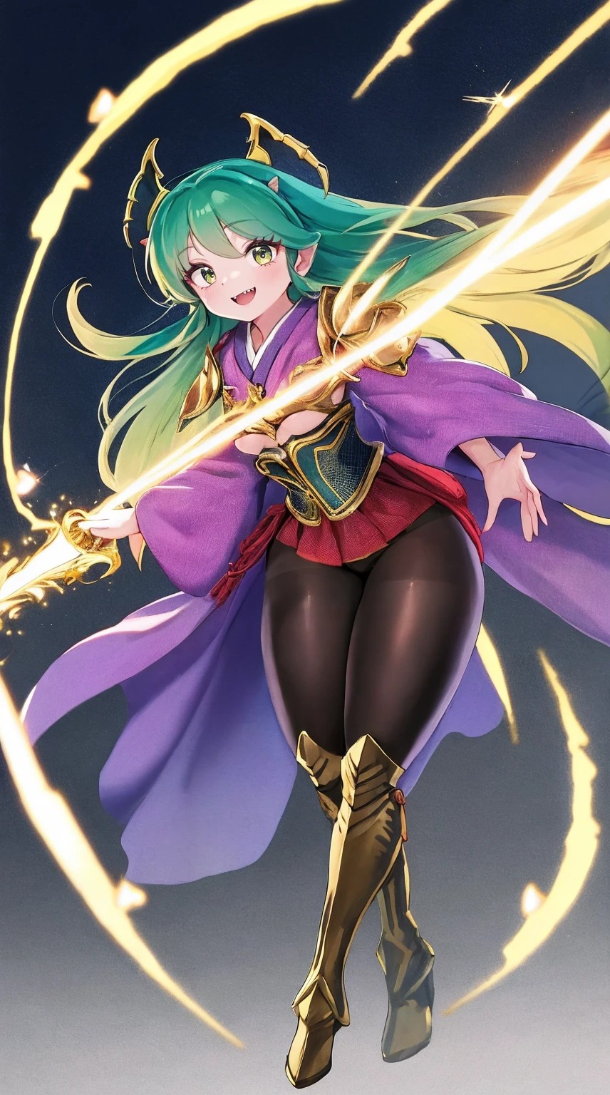 masterpiece, best quality,medieval armor, corset, breastplate,lum, , urusei yatsura, cloak, pants, pullover, kimono,martial pov,, pantyhose, sharpteeth, standing,smile, matial art,, full body, boots , pant, medium breast, pants, pullover,martial pov,god rays, ray tracing, sparkle, cinematic lighting, UHD, retina, masterpiece, ccurate, anatomically correct, textured skin, super detail, high details, high quality, award winning, best quality, highres, 1080P, HD, 4K, thunder aura, light  aura