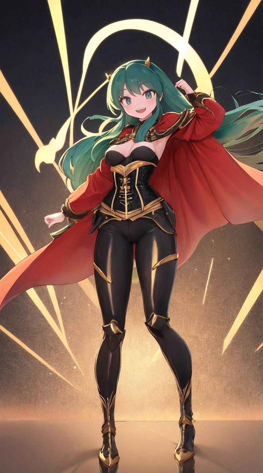 masterpiece, best quality,medieval armor, corset, breastplate,lum, , urusei yatsura, cloak, pants, pullover, kimono,martial pov,, pantyhose, sharpteeth, standing,smile, matial art,, full body, boots , pant, medium breast, pants, pullover,martial pov,god rays, ray tracing, sparkle, cinematic lighting, UHD, retina, masterpiece, ccurate, anatomically correct, textured skin, super detail, high details, high quality, award winning, best quality, highres, 1080P, HD, 4K, thunder aura, light aura