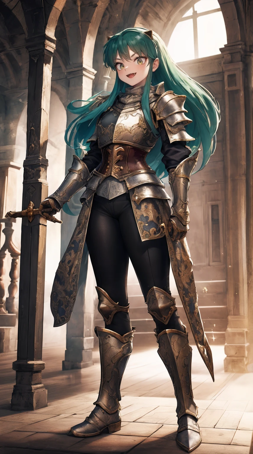 masterpiece, best quality,medieval armor, corset, breastplate,lum, , urusei yatsura, cloak, pants, pullover, kimono,martial pov,, pantyhose, sharpteeth, standing,smile, matial art,, full body, boots , pant, medium breast, pants, pullover,martial pov,god rays, ray tracing, sparkle, cinematic lighting, UHD, retina, masterpiece, ccurate, anatomically correct, textured skin, super detail, high details, high quality, award winning, best quality, highres, 1080P, HD, 4K, thunder aura, light aura