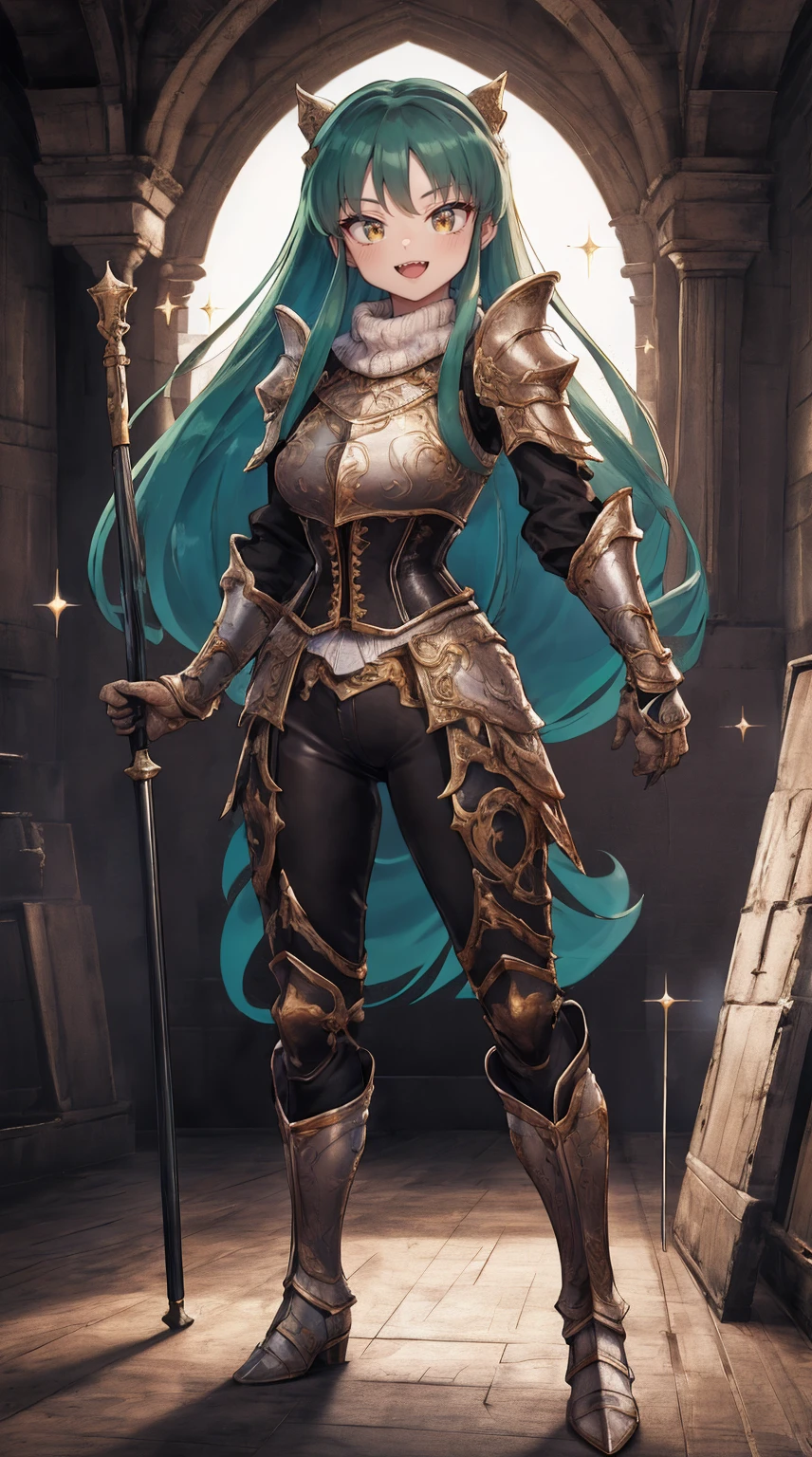 masterpiece, best quality,medieval armor, corset, breastplate,lum, , urusei yatsura, cloak, pants, pullover, kimono,martial pov,, pantyhose, sharpteeth, standing,smile, matial art,, full body, boots , pant, medium breast, pants, pullover,martial pov,god rays, ray tracing, sparkle, cinematic lighting, UHD, retina, masterpiece, ccurate, anatomically correct, textured skin, super detail, high details, high quality, award winning, best quality, highres, 1080P, HD, 4K, thunder aura, light aura