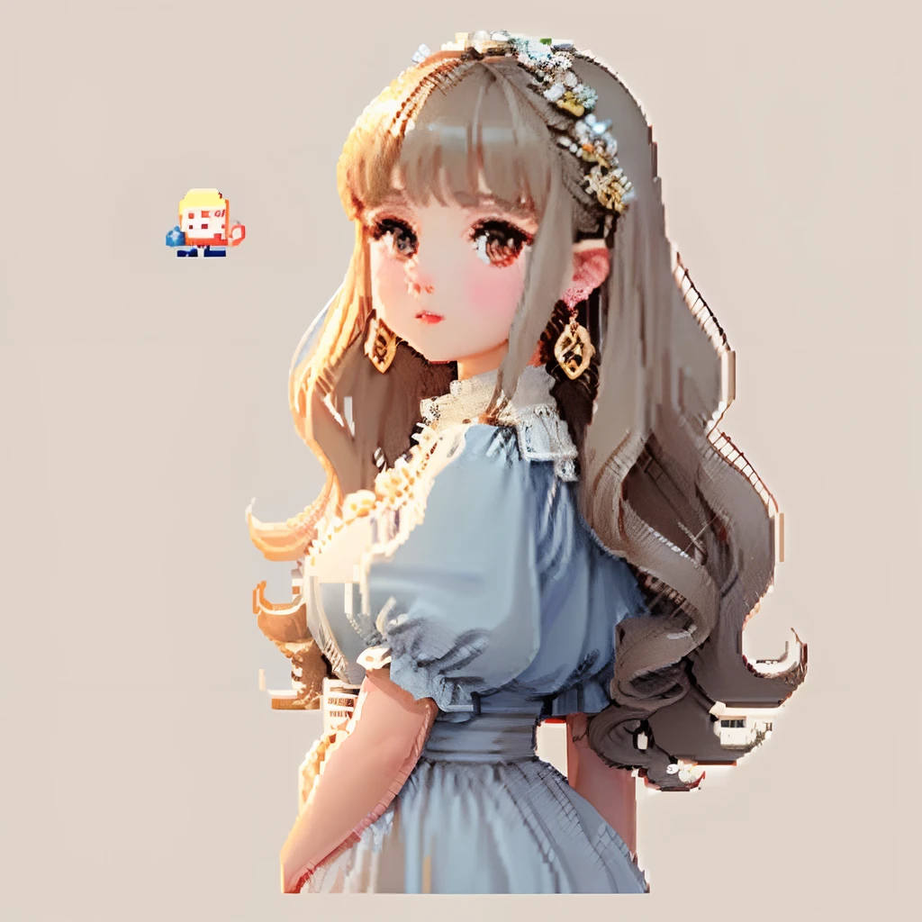 I was wearing an antique dress,large earring、Clothing consisting of pale blue color, Brown and beige、Girl with dull grey long S-shaped curls、chocolate hair,、Blunt bangs、Look back and look at this.、Pixel art、Pixel Art Illustration、pixels、Plain background、Upper body、For icons、pixels_Art Book,Composition centered on the face、Katyusha、pixels、Game-style illustration、Pixel art、pixels、without background、The background is all beige、pixels、Big hair ornament、graceful dress、Loose fluffy、White background、、simple background、A girl about 16 years old、Beautiful eyes like jewels、pixels、pixels、pixels、Pixel art