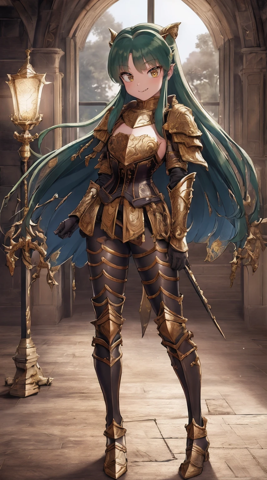 masterpiece, best quality,medieval armor, corset, breastplate,lum, , urusei yatsura, cloak, pants, pullover, kimono,martial pov,, pantyhose, sharpteeth, standing,smile, matial art,, full body, boots , pant, medium breast, pants, pullover,martial pov,god rays, ray tracing, sparkle, cinematic lighting, UHD, retina, masterpiece, ccurate, anatomically correct, textured skin, super detail, high details, high quality, award winning, best quality, highres, 1080P, HD, 4K, thunder aura, light aura
