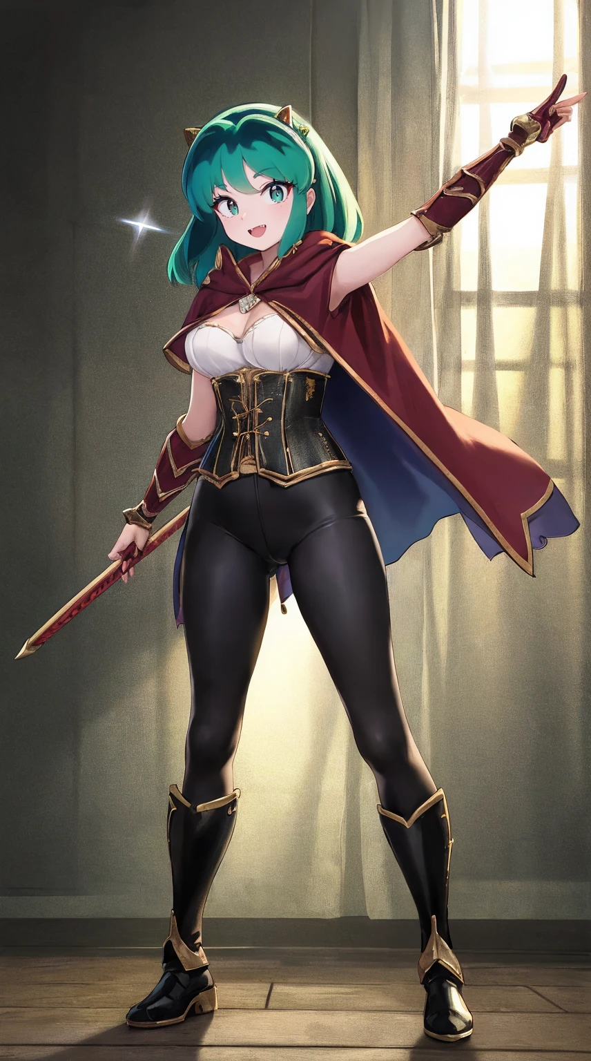 masterpiece, best quality,medieval armor, corset, breastplate,lum, , urusei yatsura, cloak, pants, pullover, kimono,martial pov,, pantyhose, sharpteeth, standing,smile, matial art,, full body, boots , pant, medium breast, pants, pullover,martial pov,god rays, ray tracing, sparkle, cinematic lighting, UHD, retina, masterpiece, ccurate, anatomically correct, textured skin, super detail, high details, high quality, award winning, best quality, highres, 1080P, HD, 4K, thunder aura, light aura