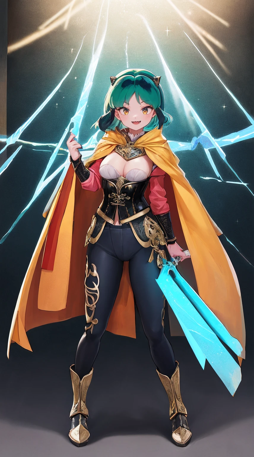 masterpiece, best quality,medieval armor, corset, breastplate,lum, , urusei yatsura, cloak, pants, pullover, kimono,martial pov,, pantyhose, sharpteeth, standing,smile, matial art,, full body, boots , pant, medium breast, pants, pullover,martial pov,god rays, ray tracing, sparkle, cinematic lighting, UHD, retina, masterpiece, ccurate, anatomically correct, textured skin, super detail, high details, high quality, award winning, best quality, highres, 1080P, HD, 4K, thunder aura, light aura
