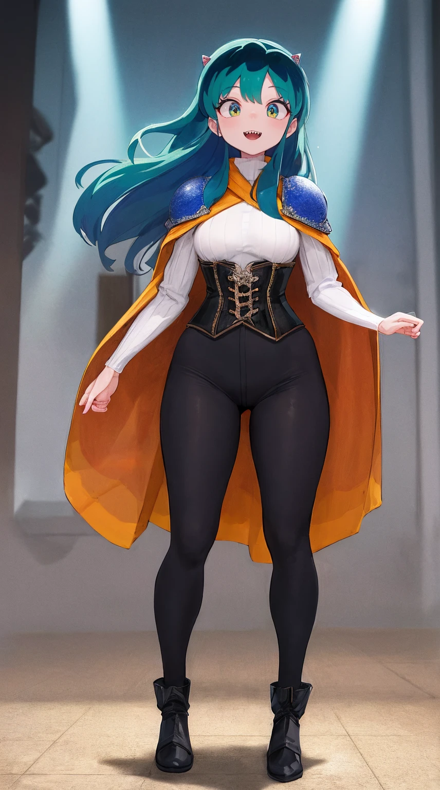 masterpiece, best quality,medieval armor, corset, breastplate,lum, , urusei yatsura, cloak, pants, pullover, kimono,martial pov,, pantyhose, sharpteeth, standing,smile, matial art,, full body, boots , pant, medium breast, pants, pullover,martial pov,god rays, ray tracing, sparkle, cinematic lighting, UHD, retina, masterpiece, ccurate, anatomically correct, textured skin, super detail, high details, high quality, award winning, best quality, highres, 1080P, HD, 4K, thunder aura, light aura