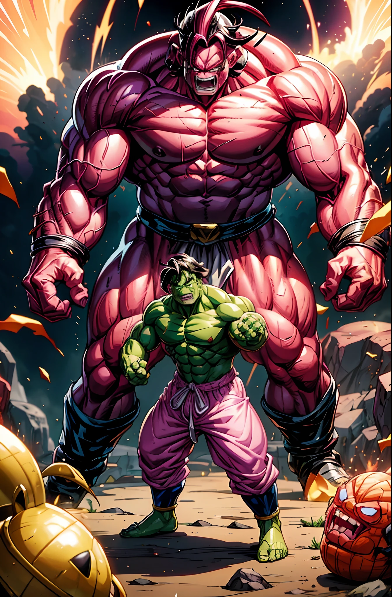 Super Buu fused with the Incredible Hulk. ((The Incredible Hulk)) Pink Skin Hulk, Majin Belt, Majin Outfit, Akira Toriyama art style, Marvel art style, djinn pants, Super Buu.