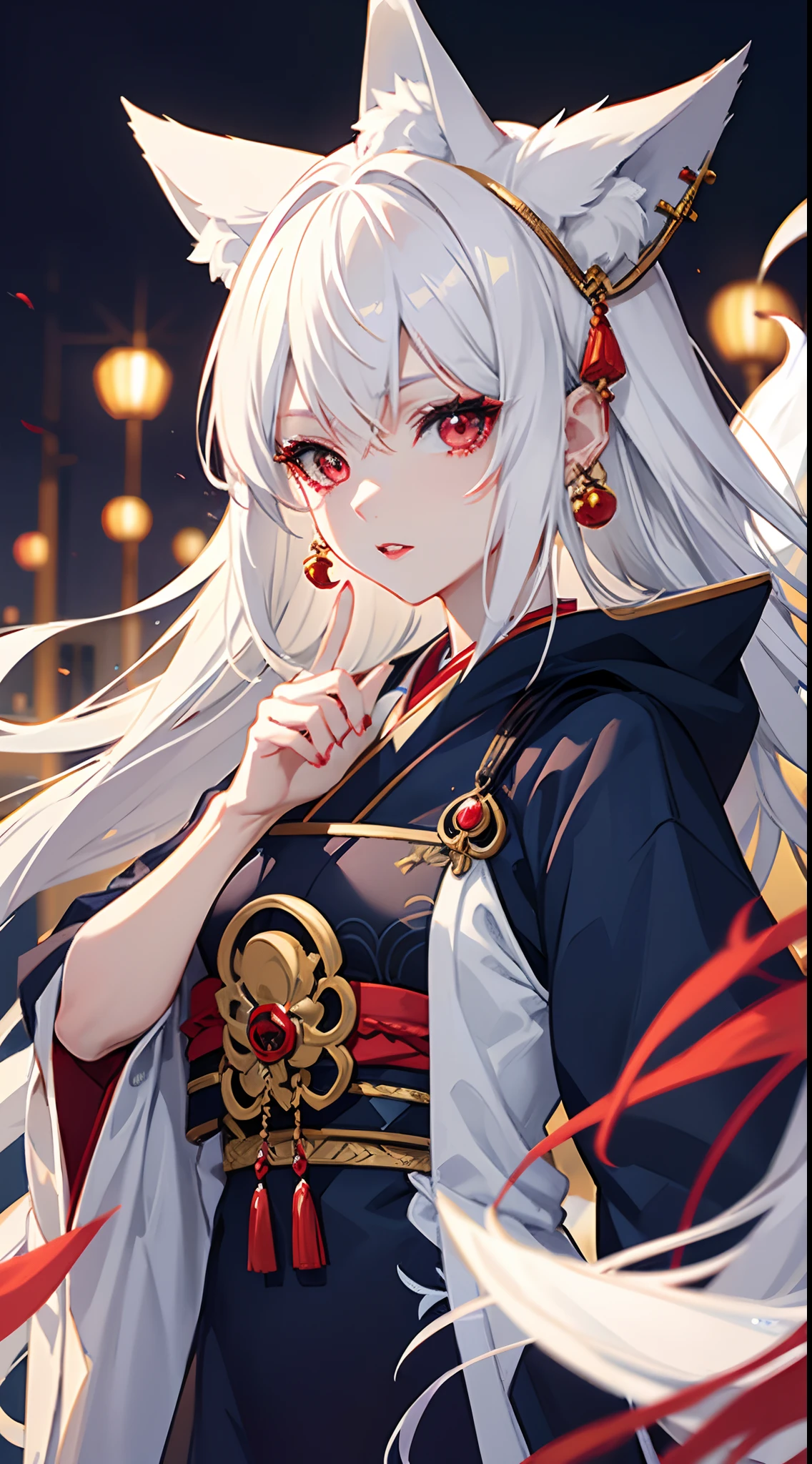 White haired anime girl with fox ears, blue lipstick, red eye liner, golden earrings, Japanese clothes, jewelry, 1 girl, ultra detailed, masterpiece, dynamic shot.