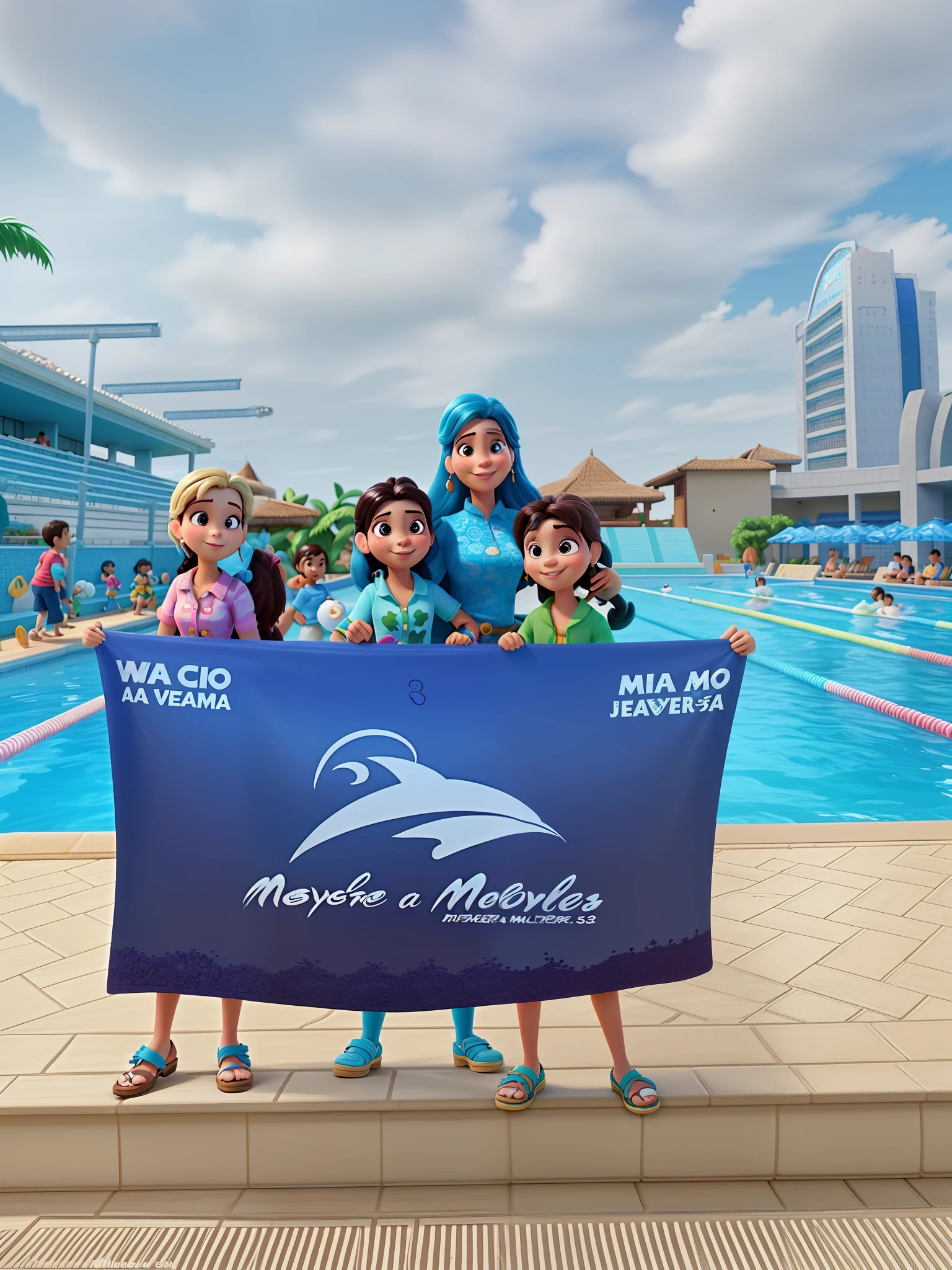 Uma mulher, with 03 children, estilo disney pixar, alta qualidade, melhor qualidade, paisagem atras de piscina
