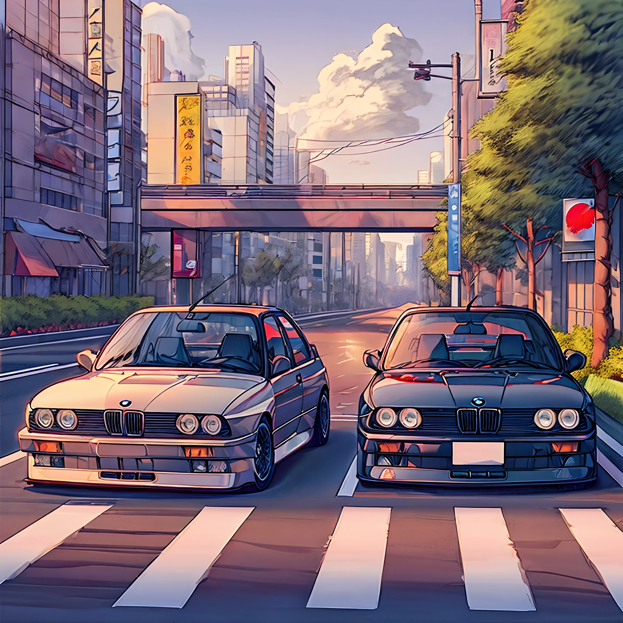 bmw e30 M3 ,driving in the the tokyo-3 streets  background,sidewalk, bus stop, bush, parked cars on the side of the road .anime aesthetic