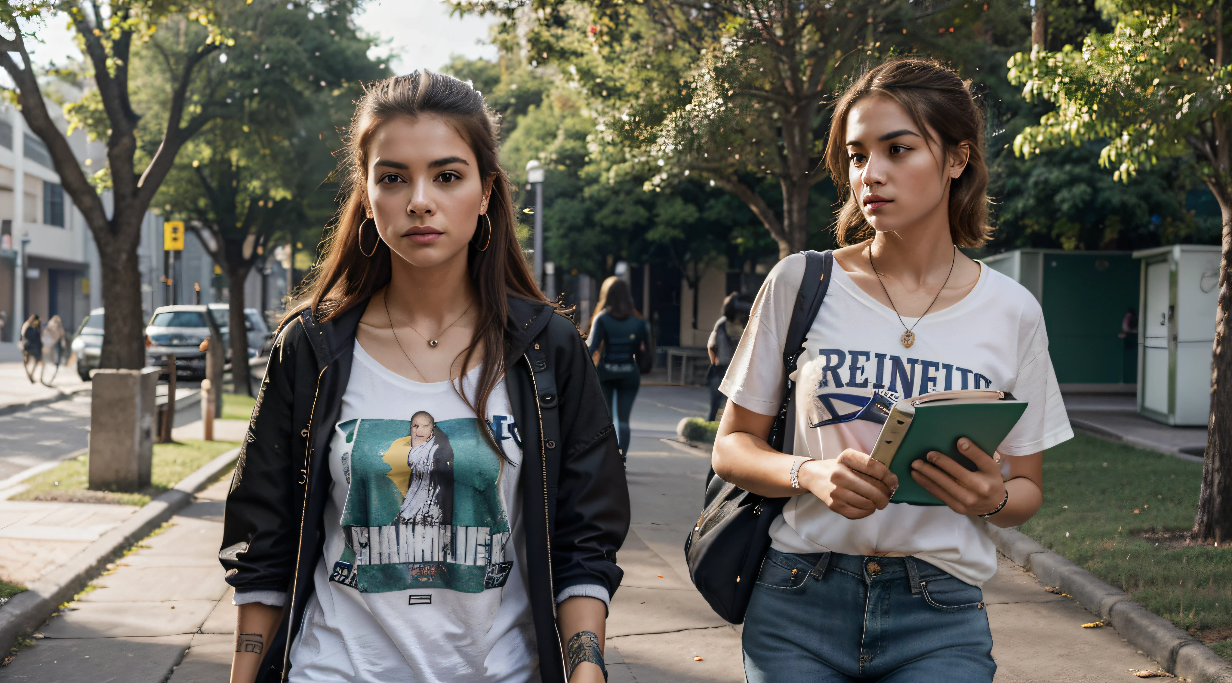 Generate an image of a Brazilian student strolling confidently through a busy college campus. she is tall and slender, com curta marcante, cabelo loiro platinado, who exudes a rebellious spirit;. Her captivating light brown eyes reveal determination and curiosity.
She's dressed in a loose, blusa verde, uma cor que complementa seu comportamento sem rodeios. Nas costas dela, ela carrega um colorido, mochila inspirada no punk-rock, reflecting his unique style. Enquanto ela caminha, She carries a stack of graphite-covered books in one hand, showcasing your passion for literature, And she holds a modern set of wireless earbuds around her neck.
This distinguished student embodies the spirit of a particular student., Book-loving punk on his academic journey, Navigating with confidence in the lively atmosphere of the university campus.