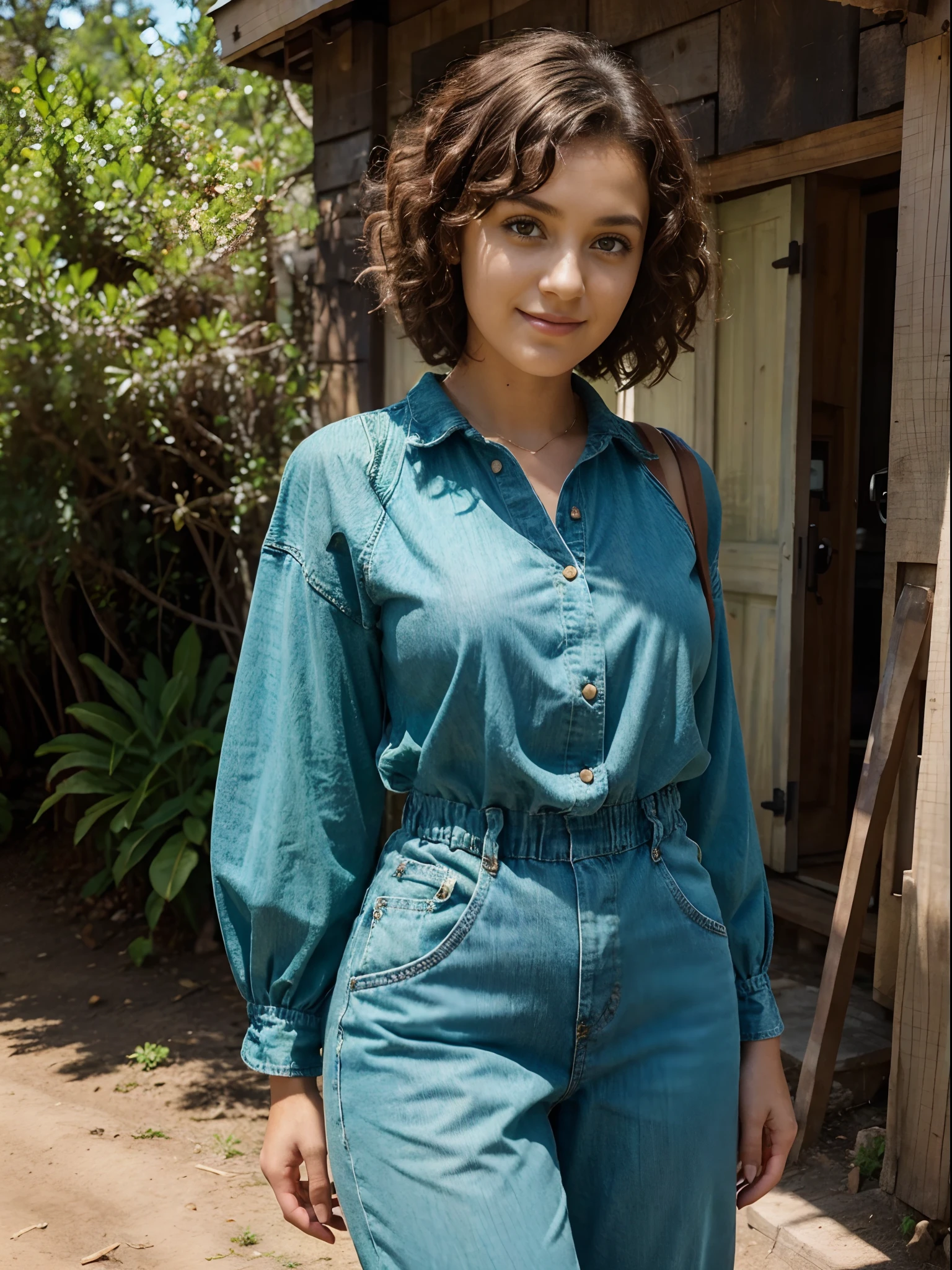 Beautiful young country girl with curly short hair , her hair is loose, very curly, dark eyes and brown skin, she is in a wooded place, with colorful houses, it's daytime and it's a beautiful sun, she's cheerful and fun, she's wearing a denim jumpsuit and a green sleeve blouse, Looking thoughtfully at the camera