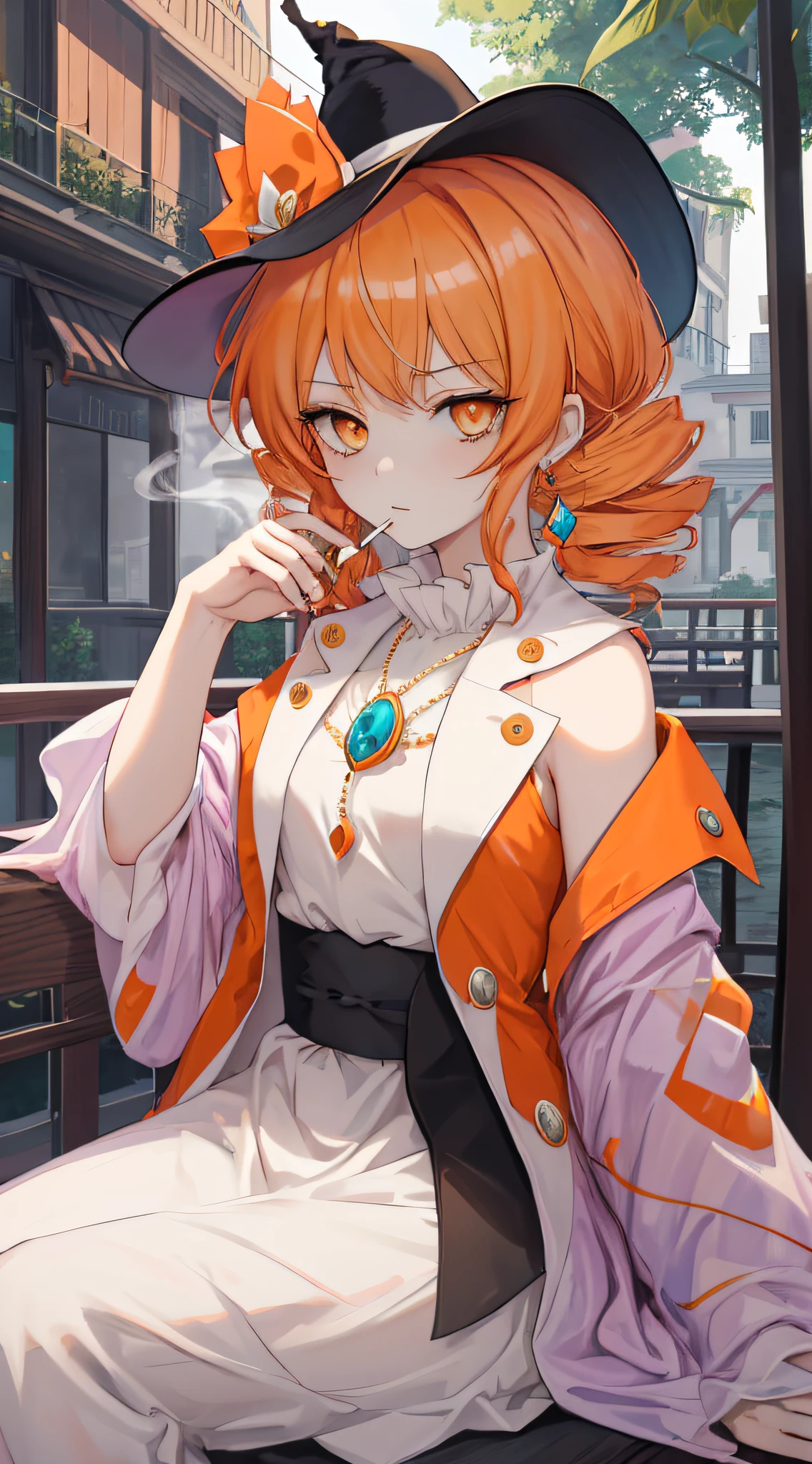 1girl, solo, yorigami jo'on, orange hair, drill hair, eyewear on head, orange eyes, jewelry, white dress, purple jacket, pendant, earrings, black hat, looking at viewer, outdoors, upscale restaurant, crowd, sitting, side drill, sigh, disgust, tired, makeup, rococo style, Monet,smoking