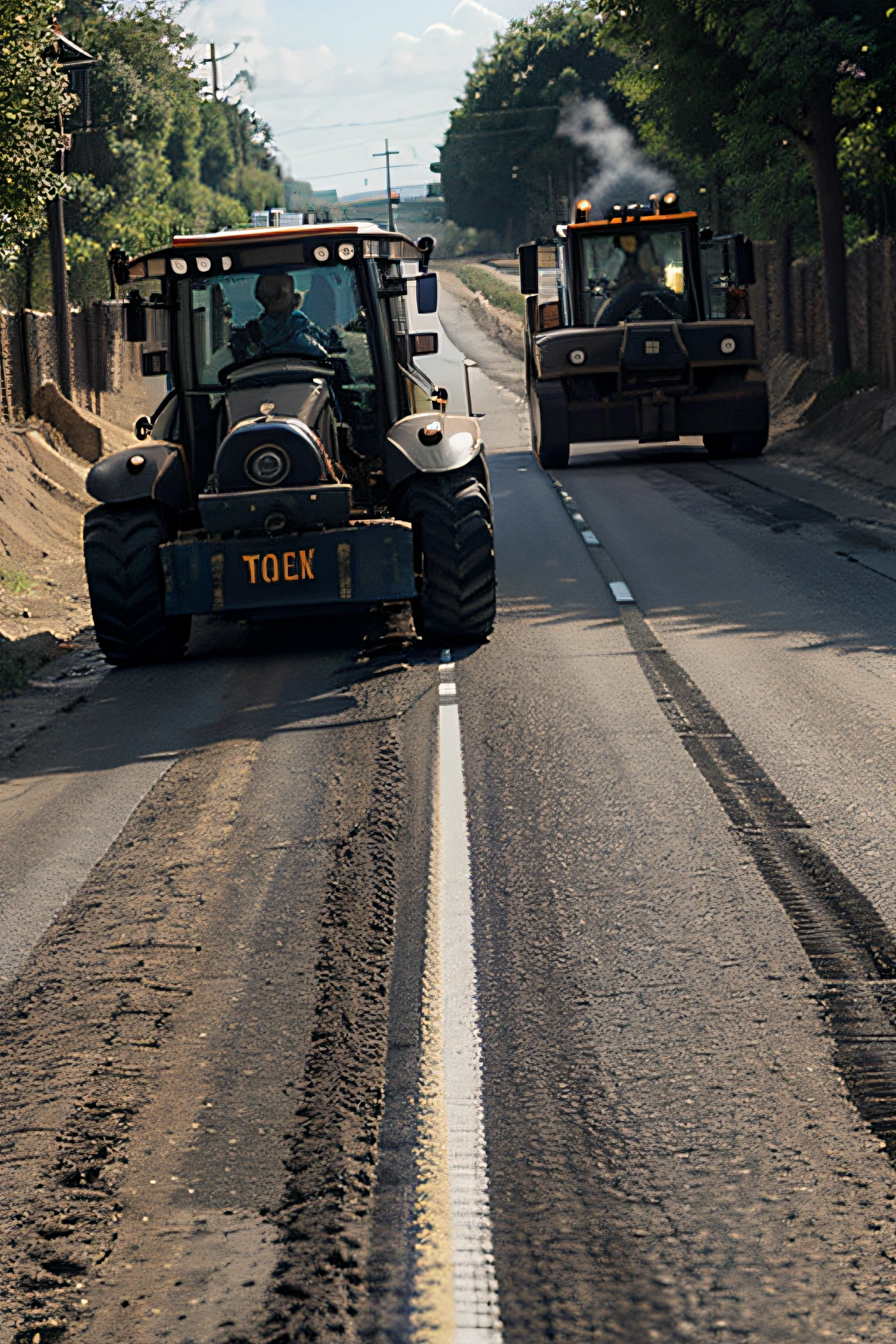 create a photo of a road being paved showing the machines working and the men