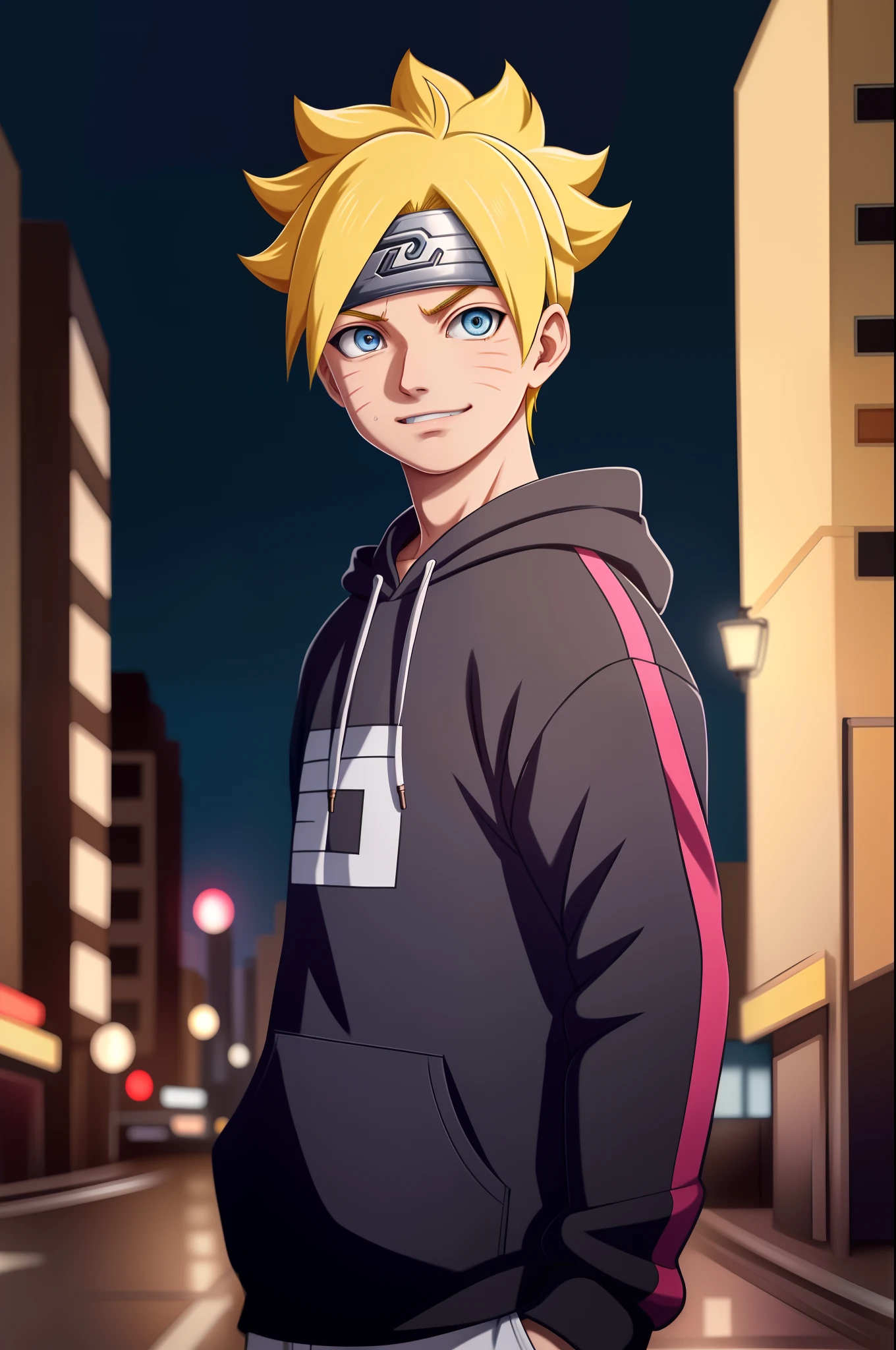 masterpiece, ultra-detailed, 1boy, male focus, upper body shot, Uzumaki Boruto wearing maroon Streetwear Hoodie, yellow hair, Blue eyes, look at viewer, happy face, vibrant colors, cityscape background, dinamic lighting, highly detailed face, stylish, urban style, cool attitude, bokeh, blurry background,