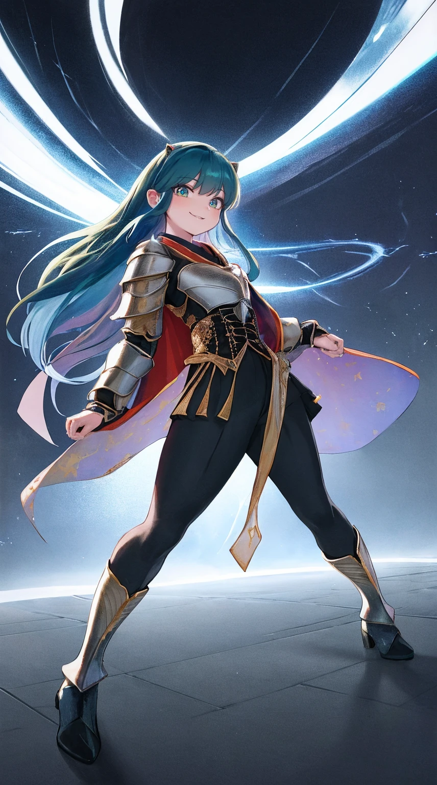 masterpiece, best quality,medieval armor, corset, breastplate,lum, , urusei yatsura, cloak, pants, pullover, kimono,martial pov,, pantyhose, sharpteeth, standing,smile, matial art,, full body, boots , pant, medium breast, pants, pullover,martial pov,god rays, ray tracing, sparkle, cinematic lighting, UHD, retina, masterpiece, ccurate, anatomically correct, textured skin, super detail, high details, high quality, award winning, best quality, highres, 1080P, HD, 4K, thunder aura, light aura, long skirt