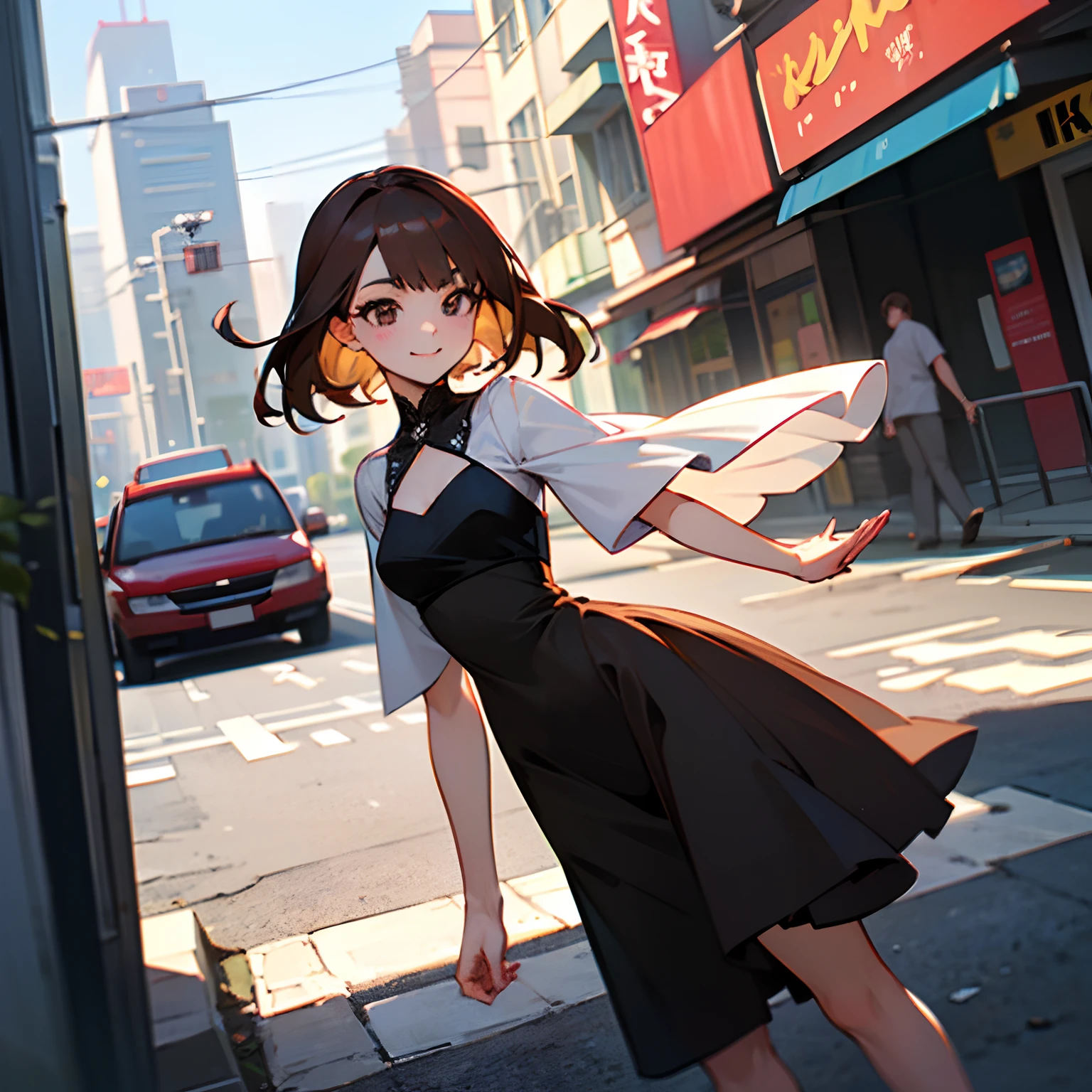 ((Best quality, 8K, Masterpiece :1.3)), 1girll, Smiling, full bodyesbian, Slim face, Pretty woman, (Dark brown hair), full length dress :1.1, Ultra-detailed face, Detailed eyes, 二重まぶた,  blur backgroun, Slim face, City, outside, street,