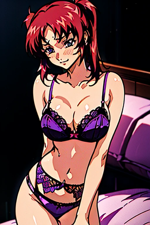 Top image quality、hightquality、Twin-tailed red hair、(((Colossal breasts)))、an lingerie、Lace bra with light purple ruffles、Light purple bra shoulder straps、Light purple lace panties、Large, pretty nipples、Beautiful areola、beauty legs、natta、a room、blushed face、Moist eyes、Seduce a man、sexy  pose、A slight smil、Sensational、(SEXY)、