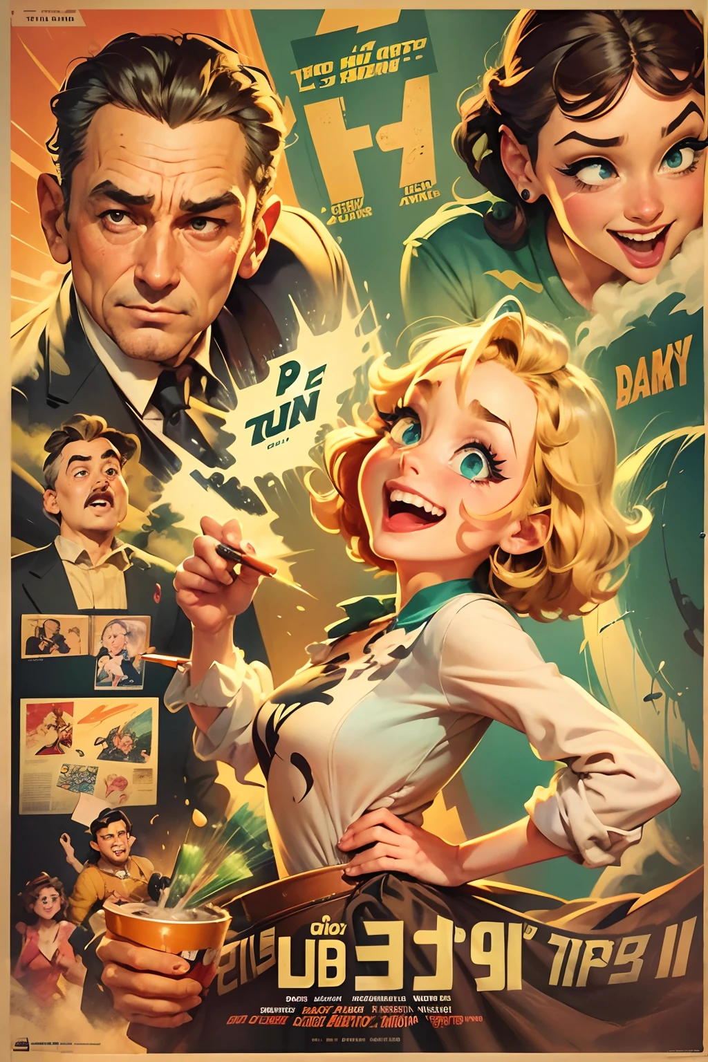 Cartoon story（（Old movie posters from the 30s）），poster for，（Calligraphy），Disney animation art style，tmasterpiece，super-fine，Ultra photo realsisim，Hyper-realistic，best qualtiy，8K，Ultra-clear，A high resolution，