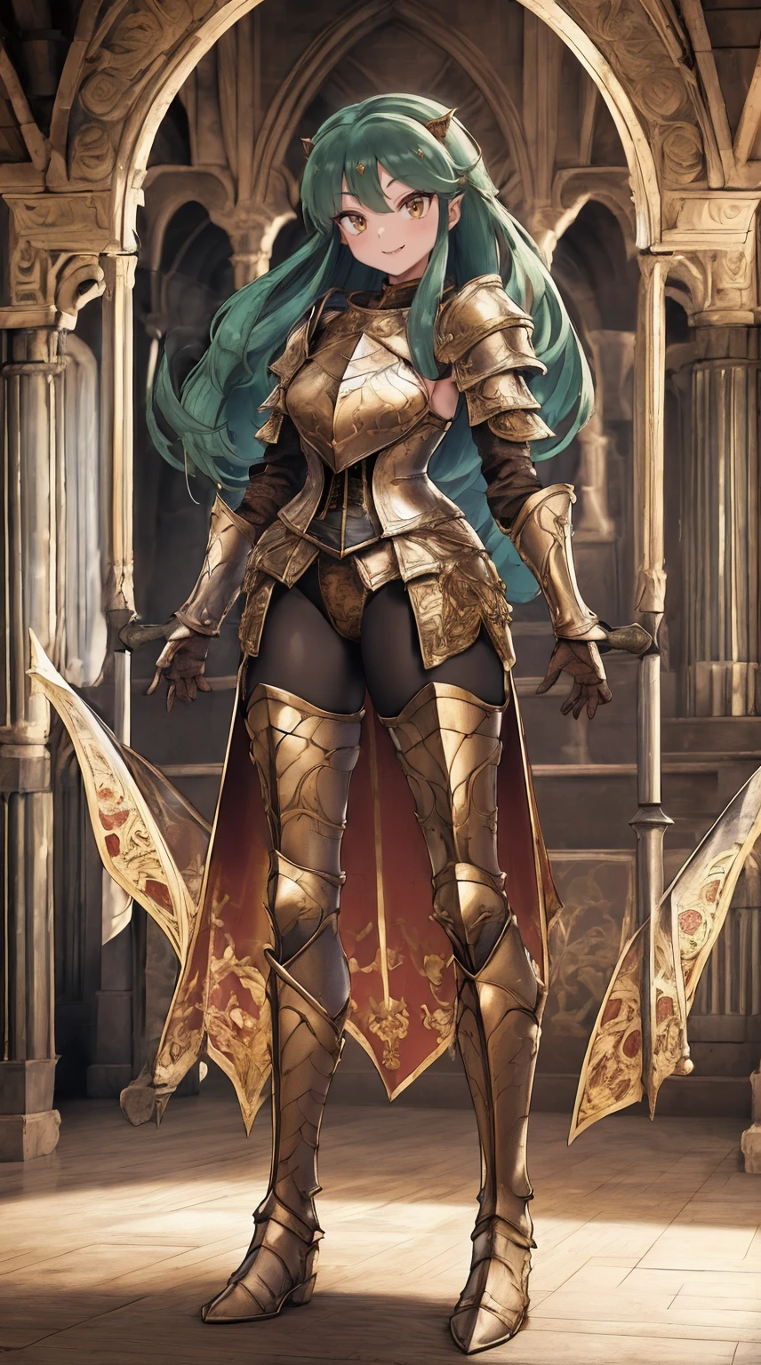 masterpiece, best quality,medieval armor, corset, breastplate,lum, , urusei yatsura, cloak, pants, pullover, kimono,martial pov,, pantyhose, sharpteeth, standing,smile, matial art,, full body, boots , pant, medium breast, pants, pullover,martial pov,god rays, ray tracing, sparkle, cinematic lighting, UHD, retina, masterpiece, ccurate, anatomically correct, textured skin, super detail, high details, high quality, award winning, best quality, highres, 1080P, HD, 4K, thunder aura, light aura