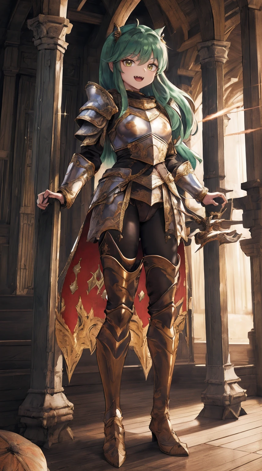 masterpiece, best quality,medieval armor, corset, breastplate,lum, , urusei yatsura, cloak, pants, pullover, kimono,martial pov,, pantyhose, sharpteeth, standing,smile, matial art,, full body, boots , pant, medium breast, pants, pullover,martial pov,god rays, ray tracing, sparkle, cinematic lighting, UHD, retina, masterpiece, ccurate, anatomically correct, textured skin, super detail, high details, high quality, award winning, best quality, highres, 1080P, HD, 4K, thunder aura, light aura