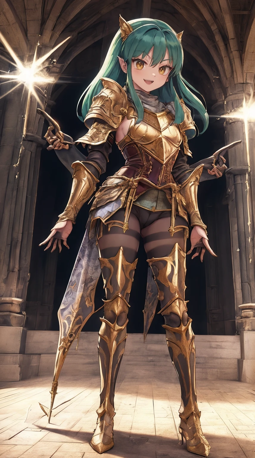 masterpiece, best quality,medieval armor, corset, breastplate,lum, , urusei yatsura, cloak, pants, pullover, kimono,martial pov,, pantyhose, sharpteeth, standing,smile, matial art,, full body, boots , pant, medium breast, pants, pullover,martial pov,god rays, ray tracing, sparkle, cinematic lighting, UHD, retina, masterpiece, ccurate, anatomically correct, textured skin, super detail, high details, high quality, award winning, best quality, highres, 1080P, HD, 4K, thunder aura, light aura