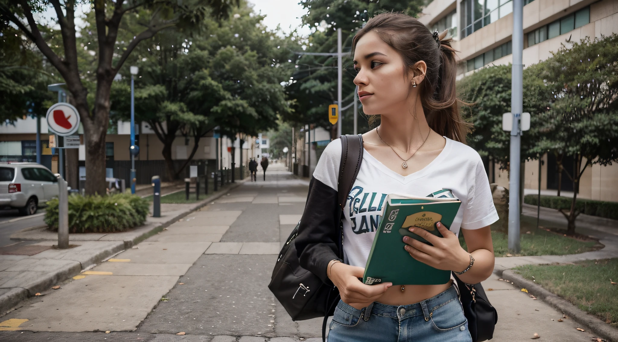 Generate an image of a Brazilian student strolling confidently through a busy university campus. she is tall and slender, com curta marcante, cabelo loiro platinado, who exudes a rebellious spirit;. Her captivating light brown eyes reveal determination and curiosity.
She's dressed in a loose, blusa verde, uma cor que complementa seu comportamento sem rodeios. Nas costas dela, ela carrega um colorido, mochila inspirada no punk-rock, reflecting his unique style. Enquanto ela caminha, She carries a stack of graphite-covered books in one hand, showcasing your passion for literature, And she holds a modern set of wireless earbuds around her neck.
This distinguished student embodies the spirit of a particular student., Book-loving punk on his academic journey, Navigating with confidence in the lively atmosphere of the university campus.