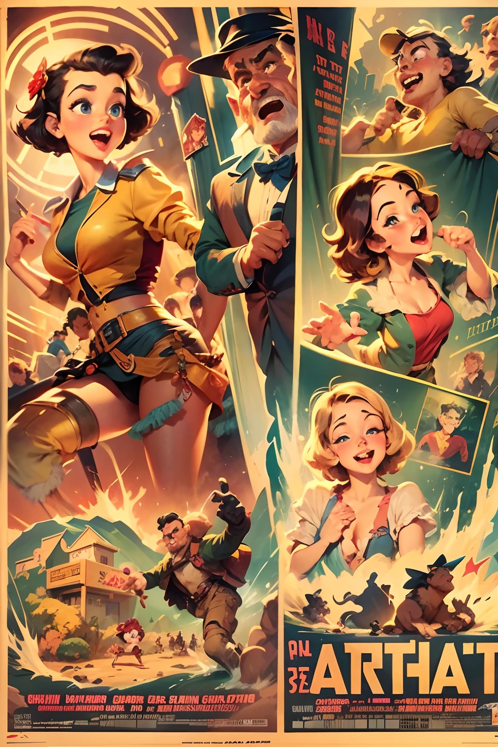 Cartoon story(((Old movie posters from the 30s))),(poster for),((charact)),Disney animation art style,tmasterpiece,super-fine,Ultra photo realsisim,Hyper-realistic,best qualtiy,8K,Ultra-clear,A high resolution