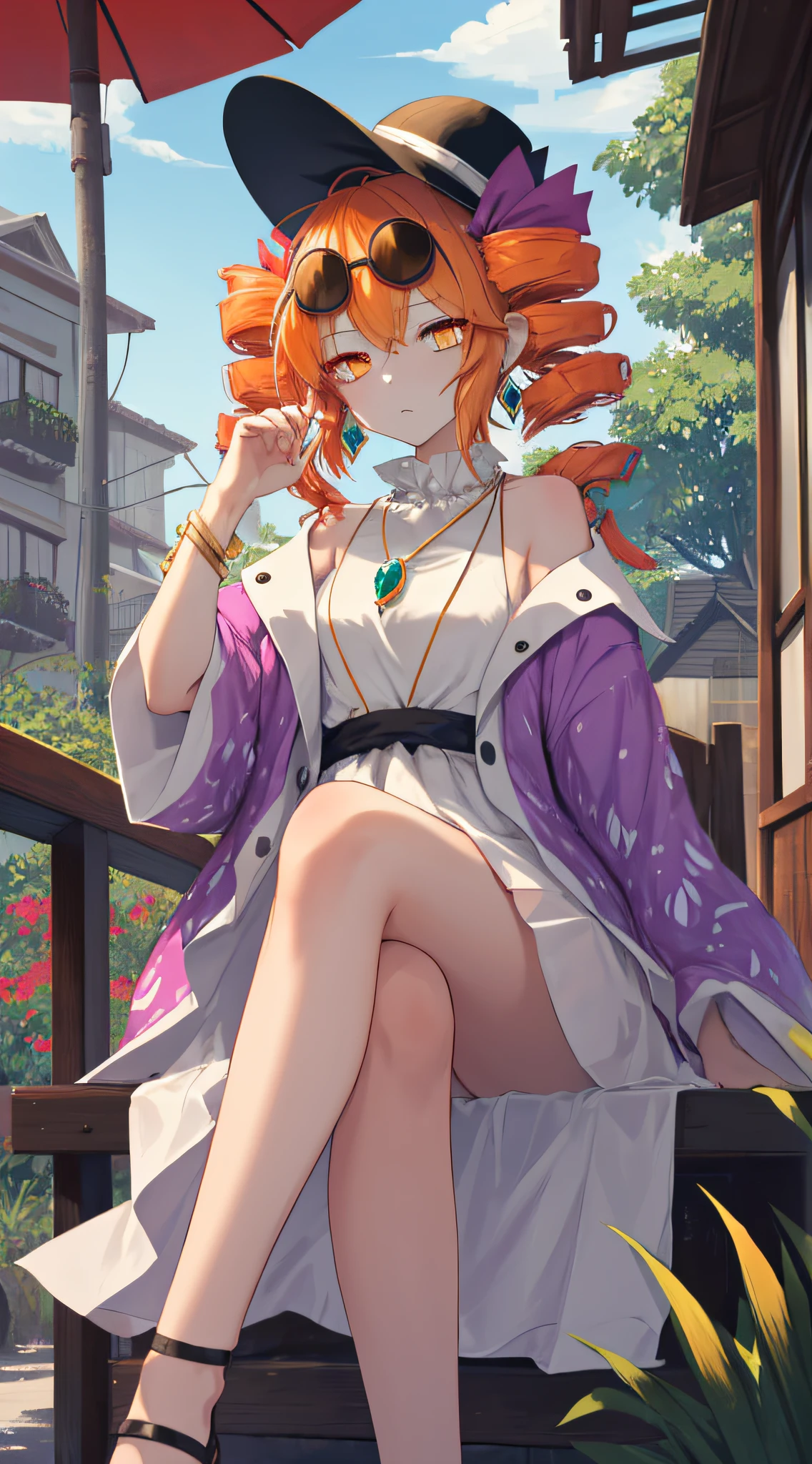 1girl, solo, yorigami jo'on, orange hair, drill hair, eyewear on head, orange eyes, jewelry, white dress, purple jacket, pendant, earrings, black hat, looking at viewer, outdoors, upscale restaurant, crowd, sitting, side drill, sigh, disgust, tired, makeup, rococo style, Monet,smoking