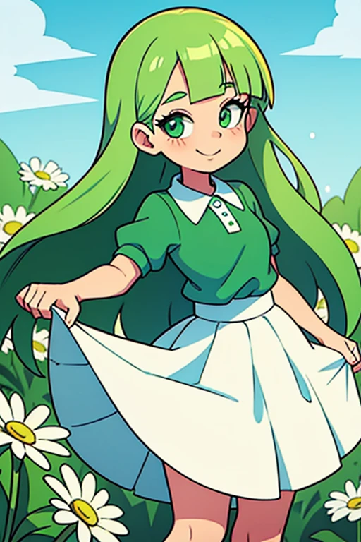 teens girl，Green gradient hair，Daisies，ssmile，a white long skirt