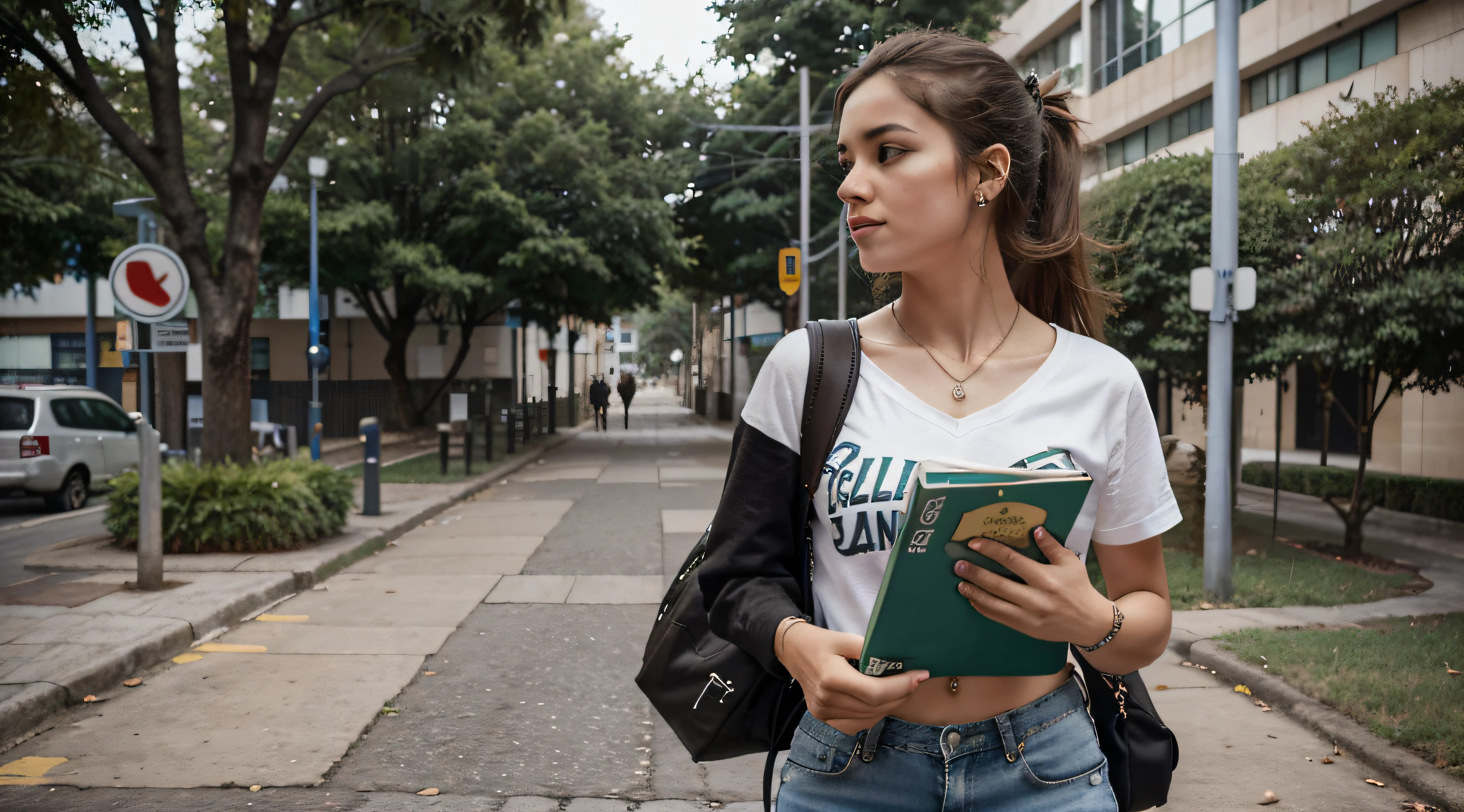 Generate an image of a Brazilian student strolling confidently through a busy university campus. she is tall and slender, com curta marcante, cabelo loiro platinado, who exudes a rebellious spirit;. Her captivating light brown eyes reveal determination and curiosity.

She's dressed in a loose, blusa verde, uma cor que complementa seu comportamento sem rodeios. Nas costas dela, ela carrega um colorido, mochila inspirada no punk-rock, reflecting his unique style. Enquanto ela caminha, She carries a stack of graphite-covered books in one hand, showcasing your passion for literature, And she holds a modern set of wireless earbuds around her neck.

This distinguished student embodies the spirit of a particular student., Book-loving punk on his academic journey, Navigating with confidence in the lively atmosphere of the university campus.